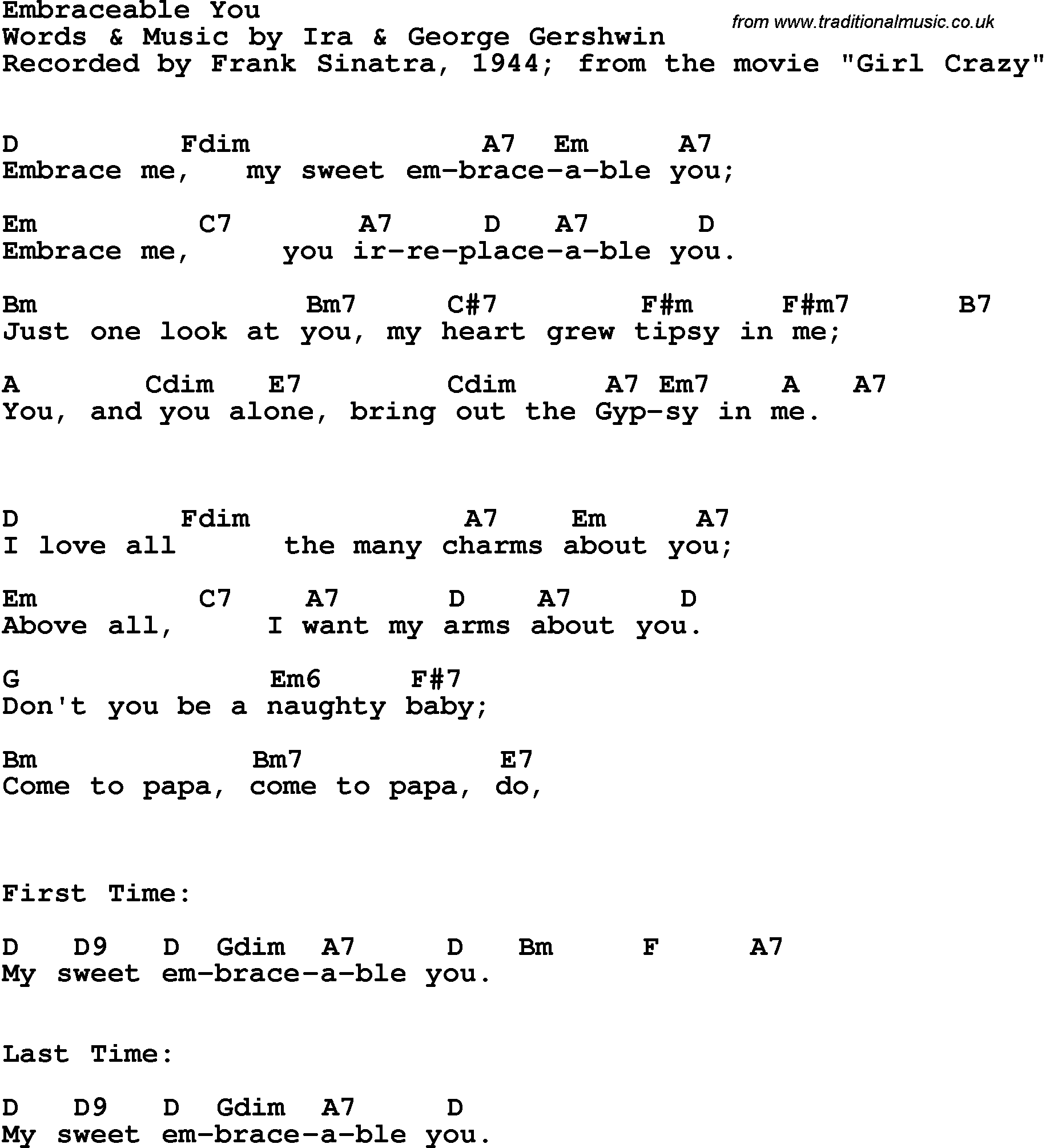 Song Lyrics with guitar chords for Embraceable You - Frank Sinatra, 1944