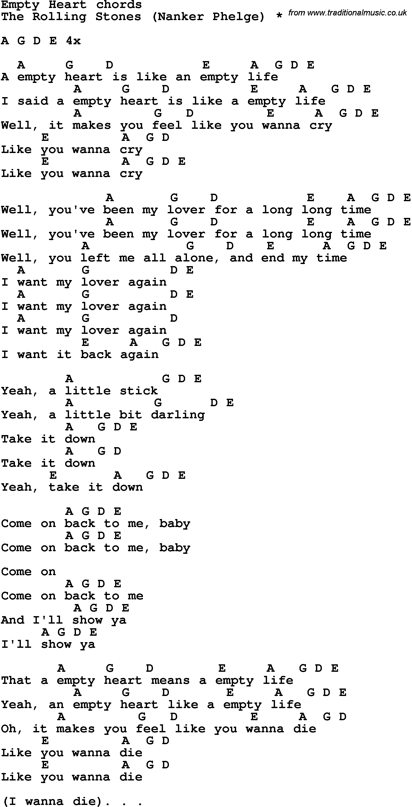 Song Lyrics with guitar chords for Empty Heart