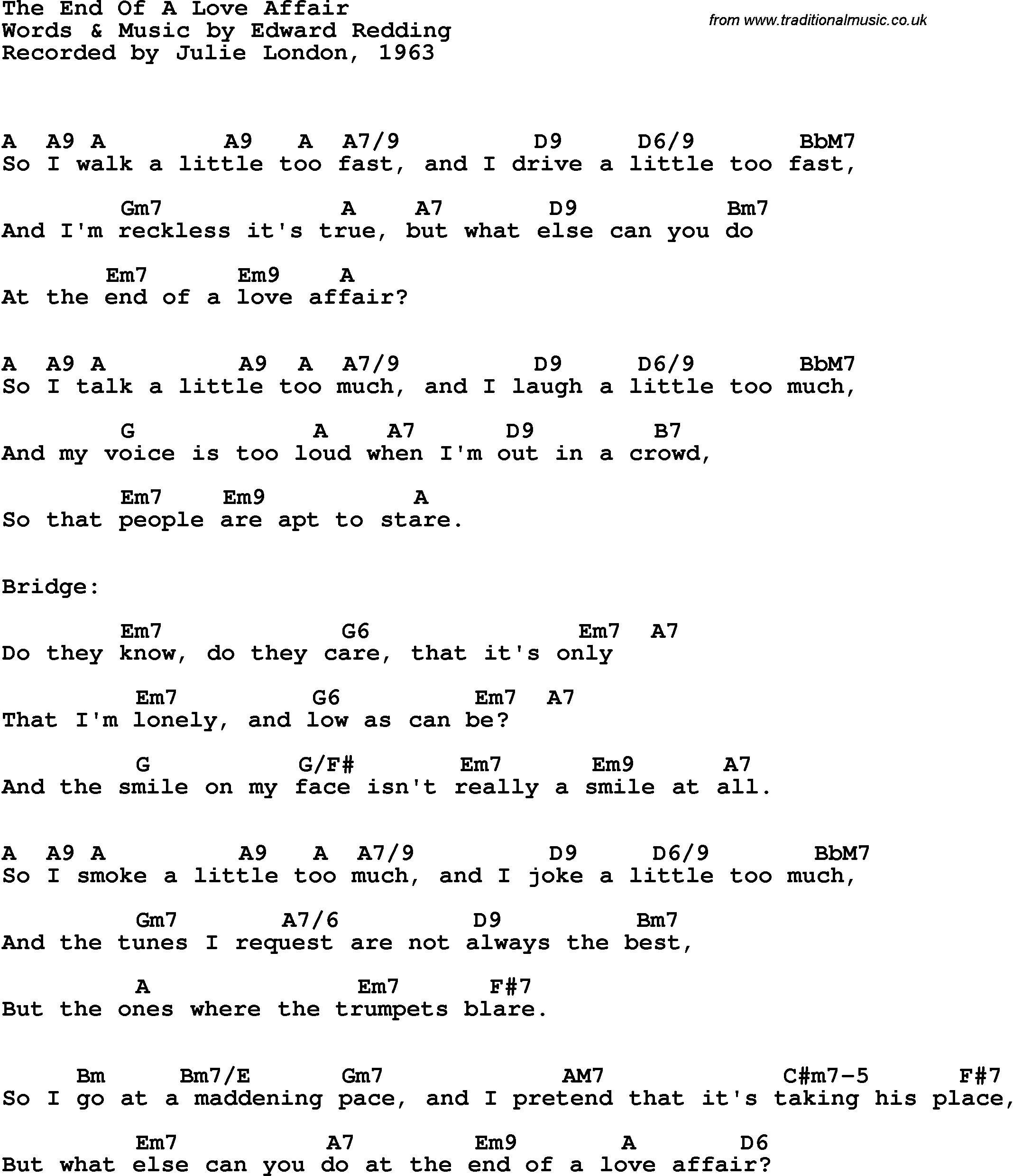 Song Lyrics with guitar chords for End Of A Love Affair, The -  Julie London, 1963