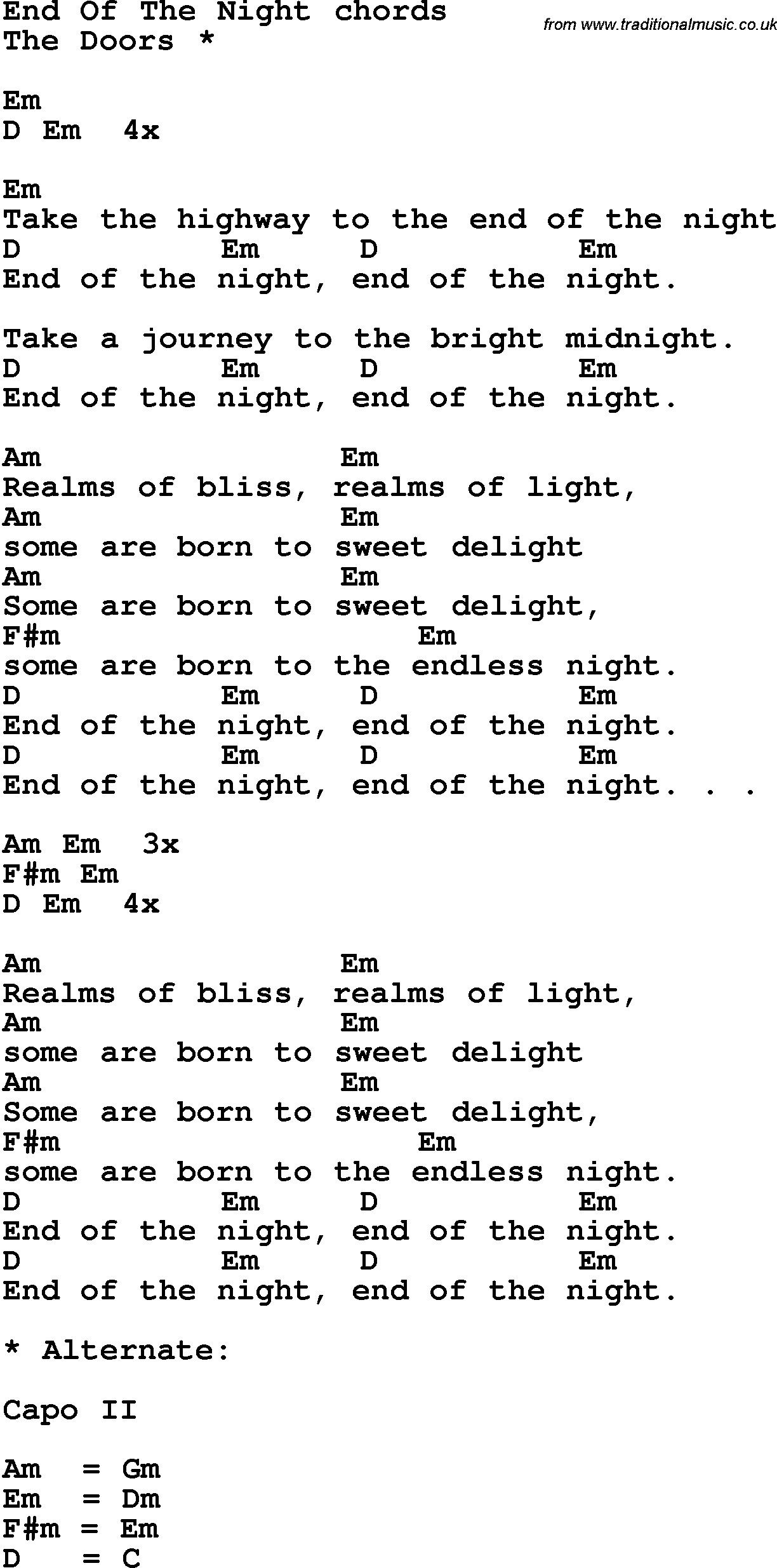 Song Lyrics with guitar chords for End Of The Night