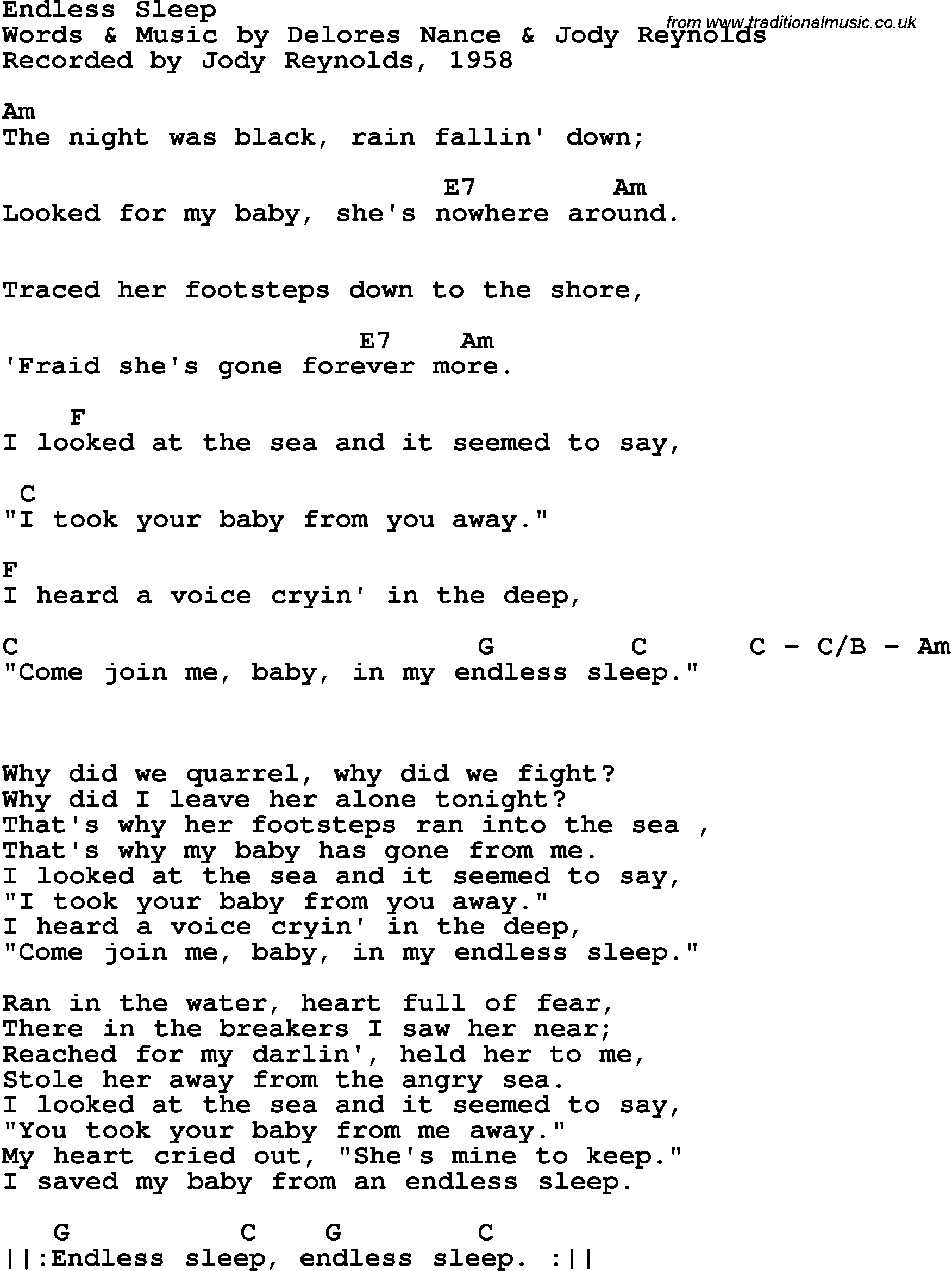 Song Lyrics with guitar chords for Endless Sleep - Jody Reynolds, 1958