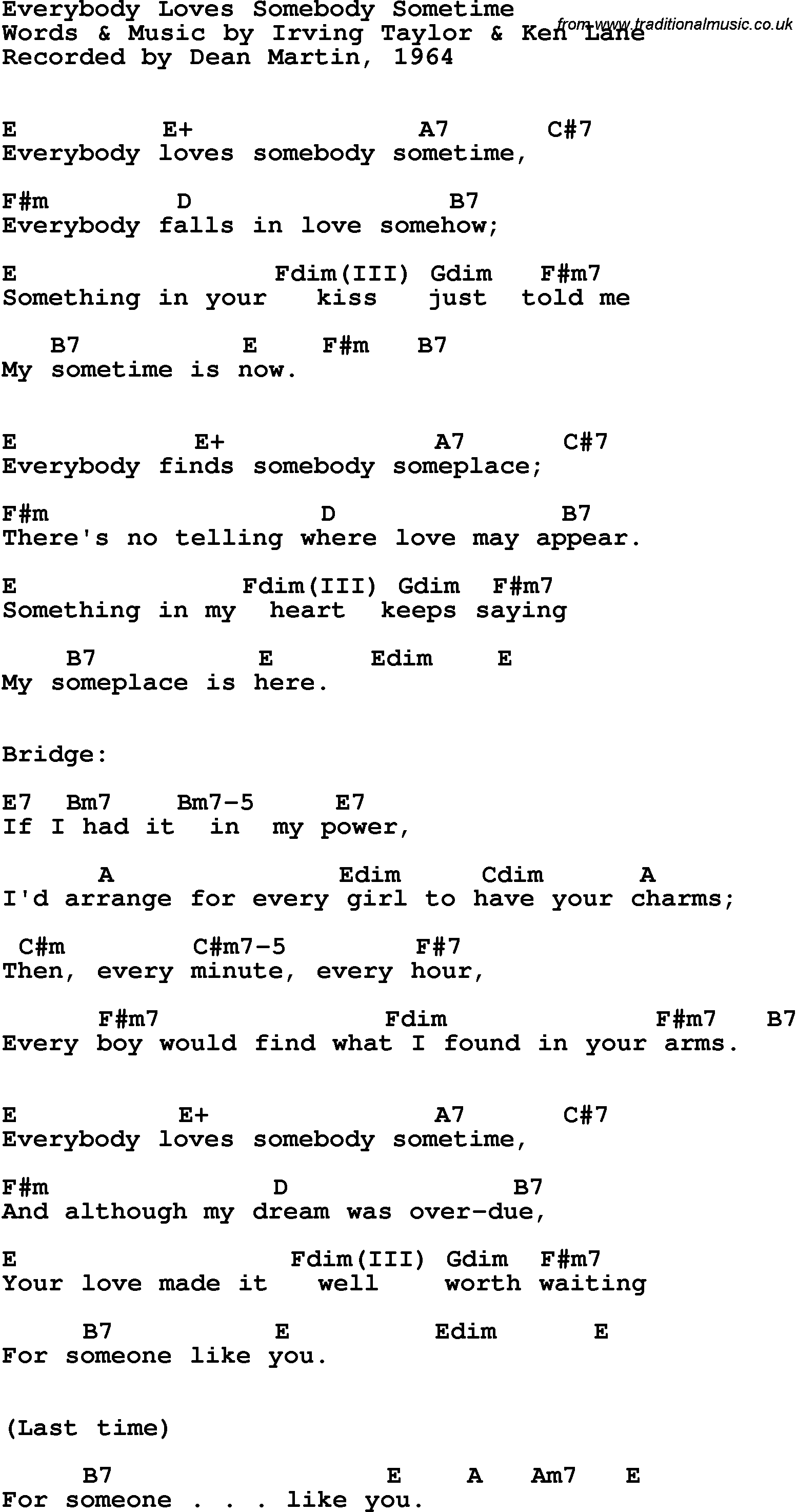 Song Lyrics with guitar chords for Everybody Loves Somebody Sometime - Dean Martin, 1964