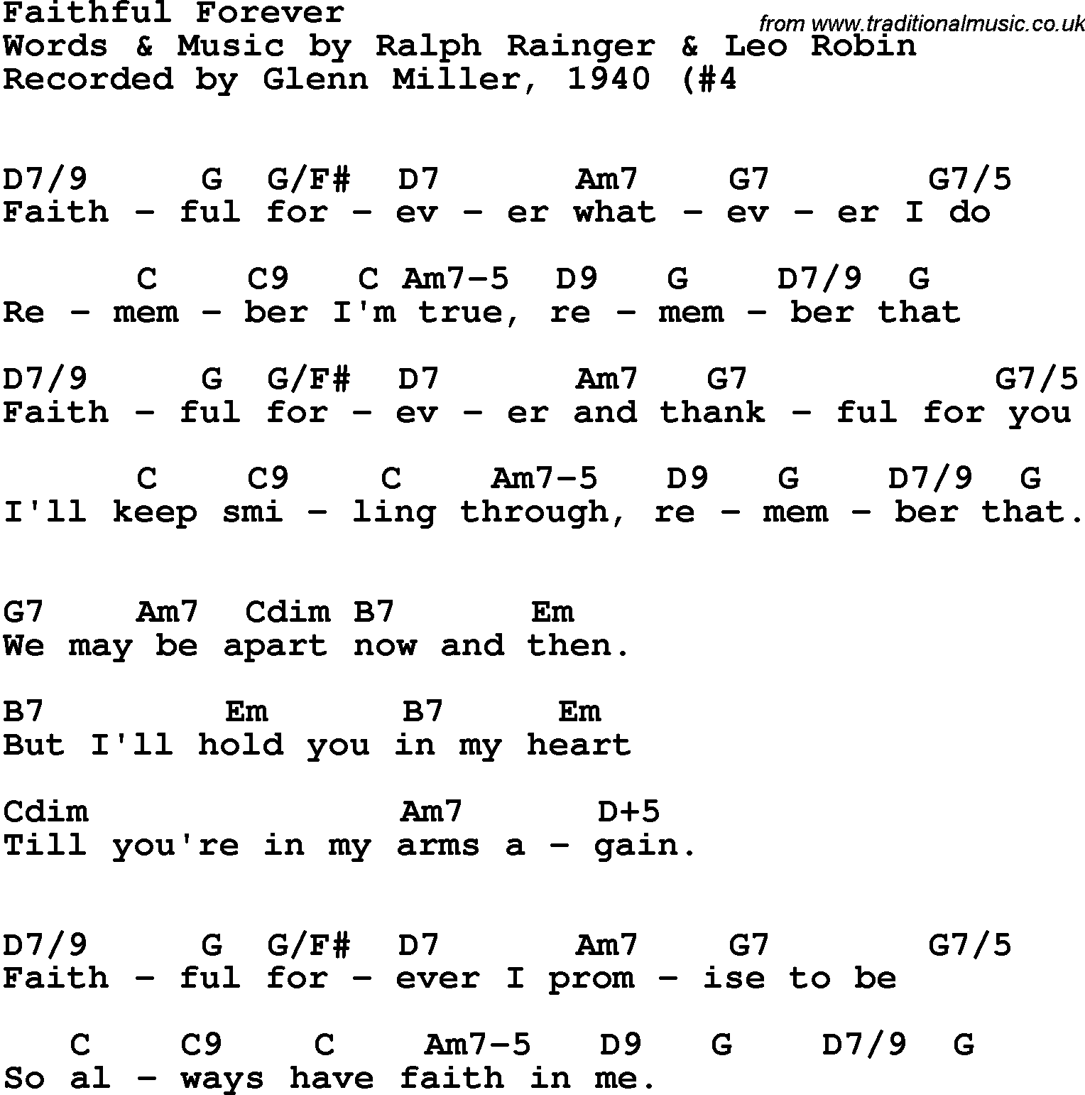 Song Lyrics with guitar chords for Faithful Forever - Glenn Miller, 1940