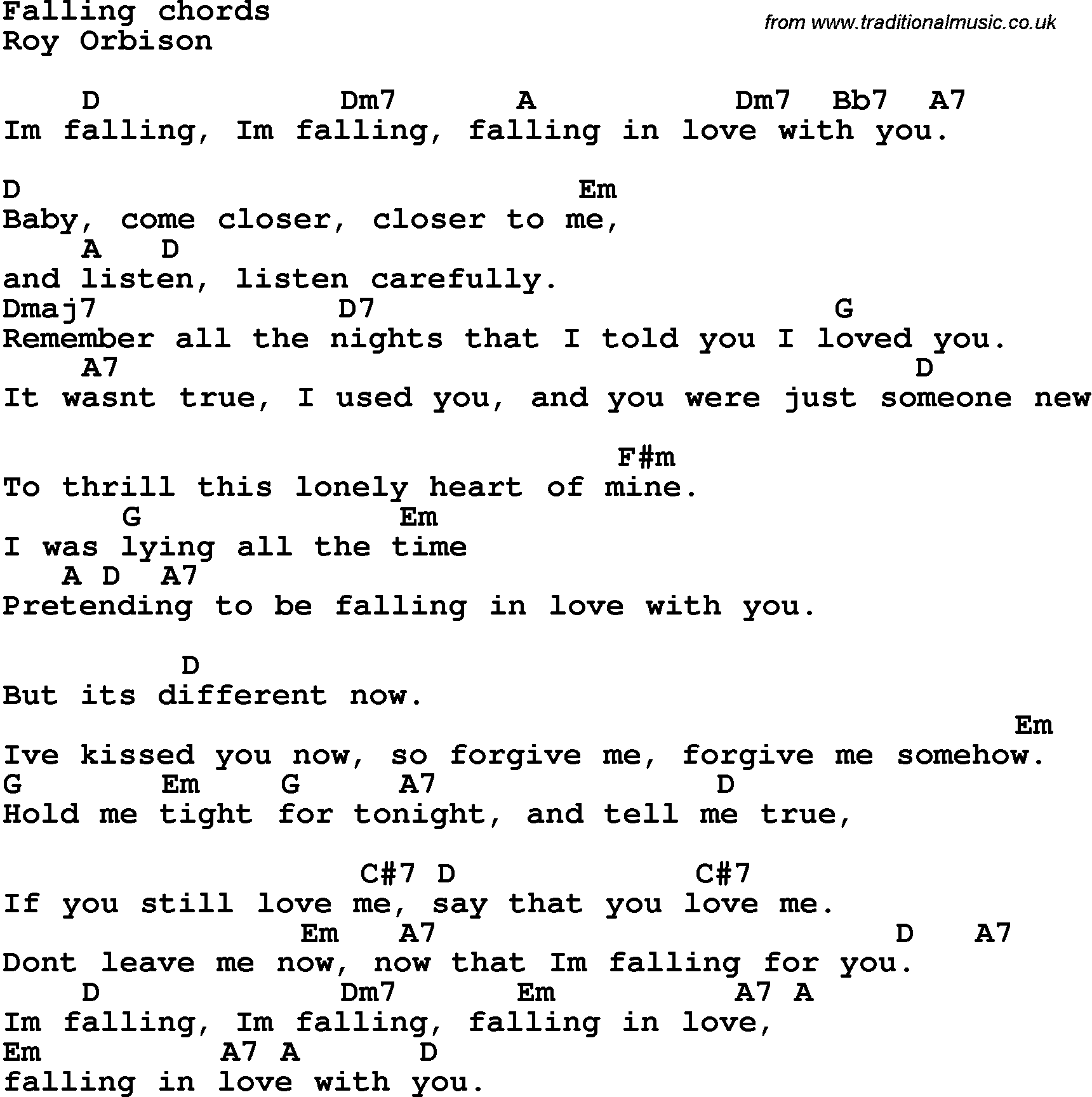 Song Lyrics with guitar chords for Falling