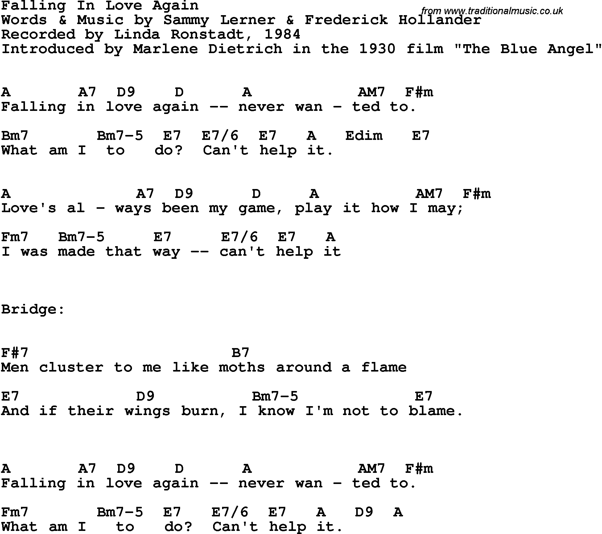 Song Lyrics with guitar chords for Falling In Love Again - linda Ronstadt, 1984