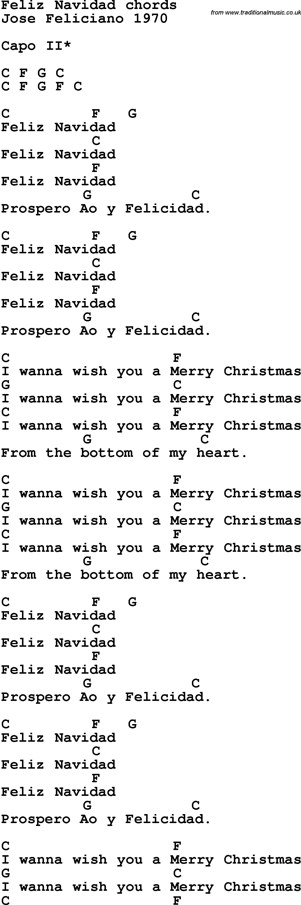 Song Lyrics with guitar chords for Feliz Navidad