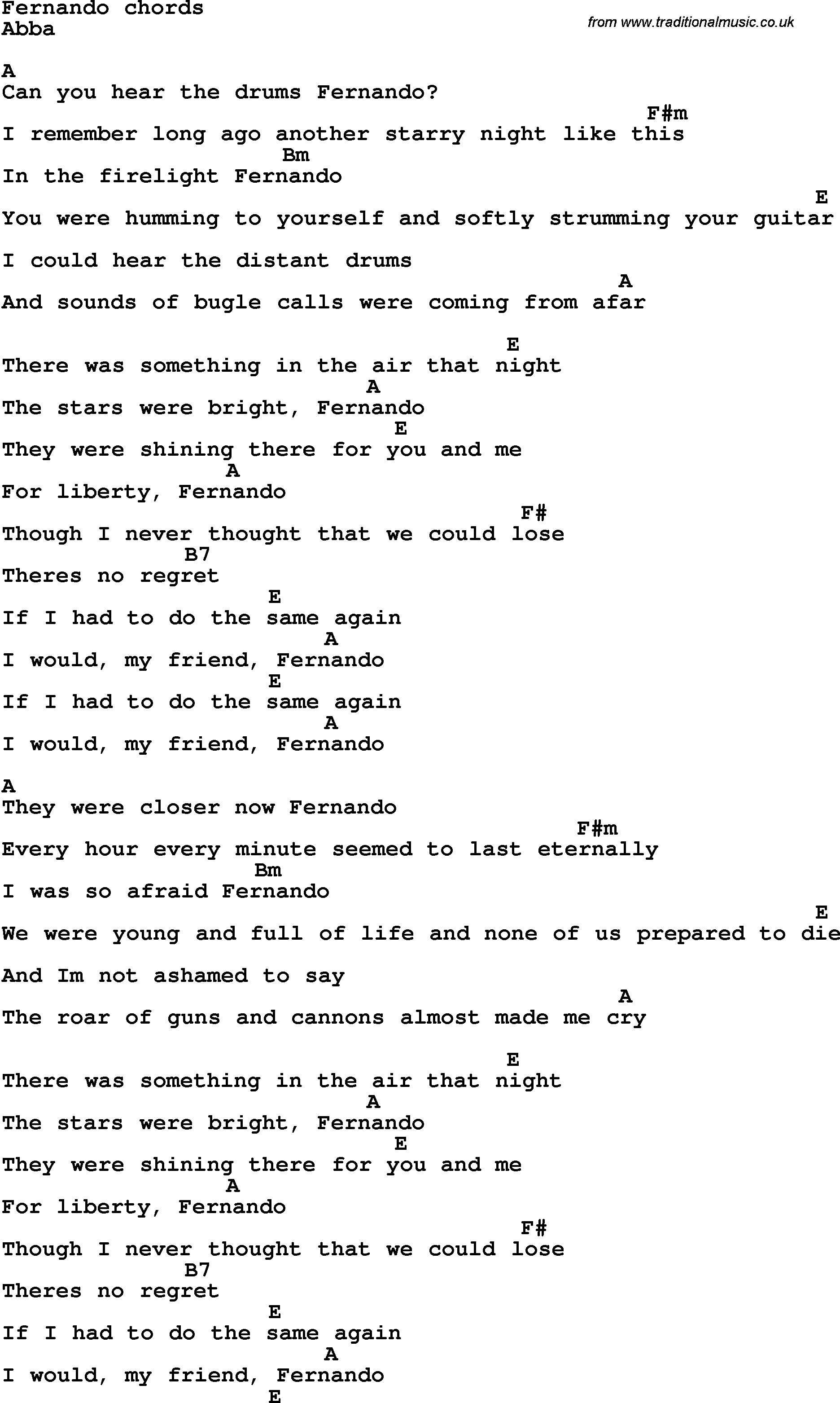 Song Lyrics with guitar chords for Fernando