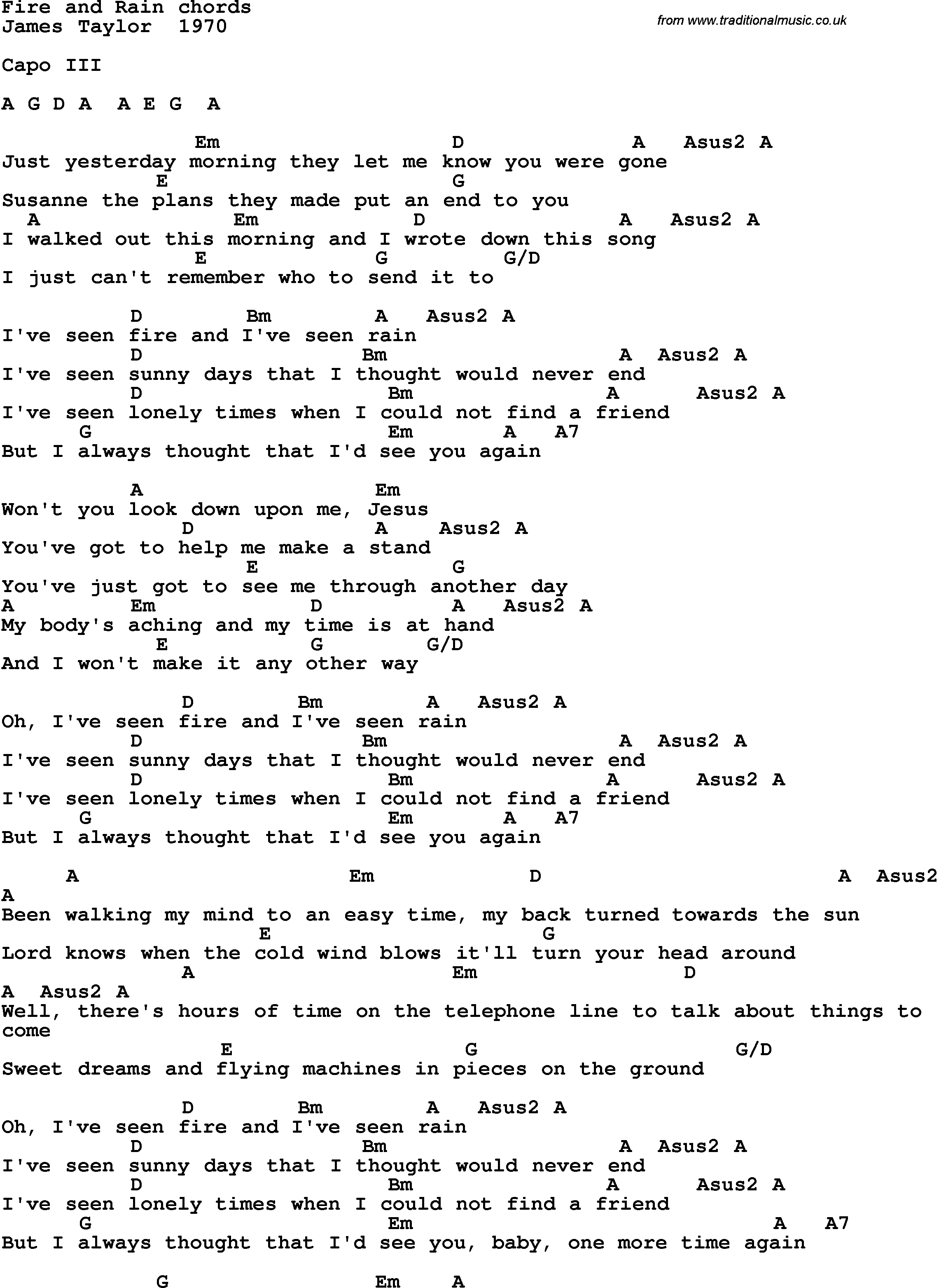 Song Lyrics with guitar chords for Fire And Rain