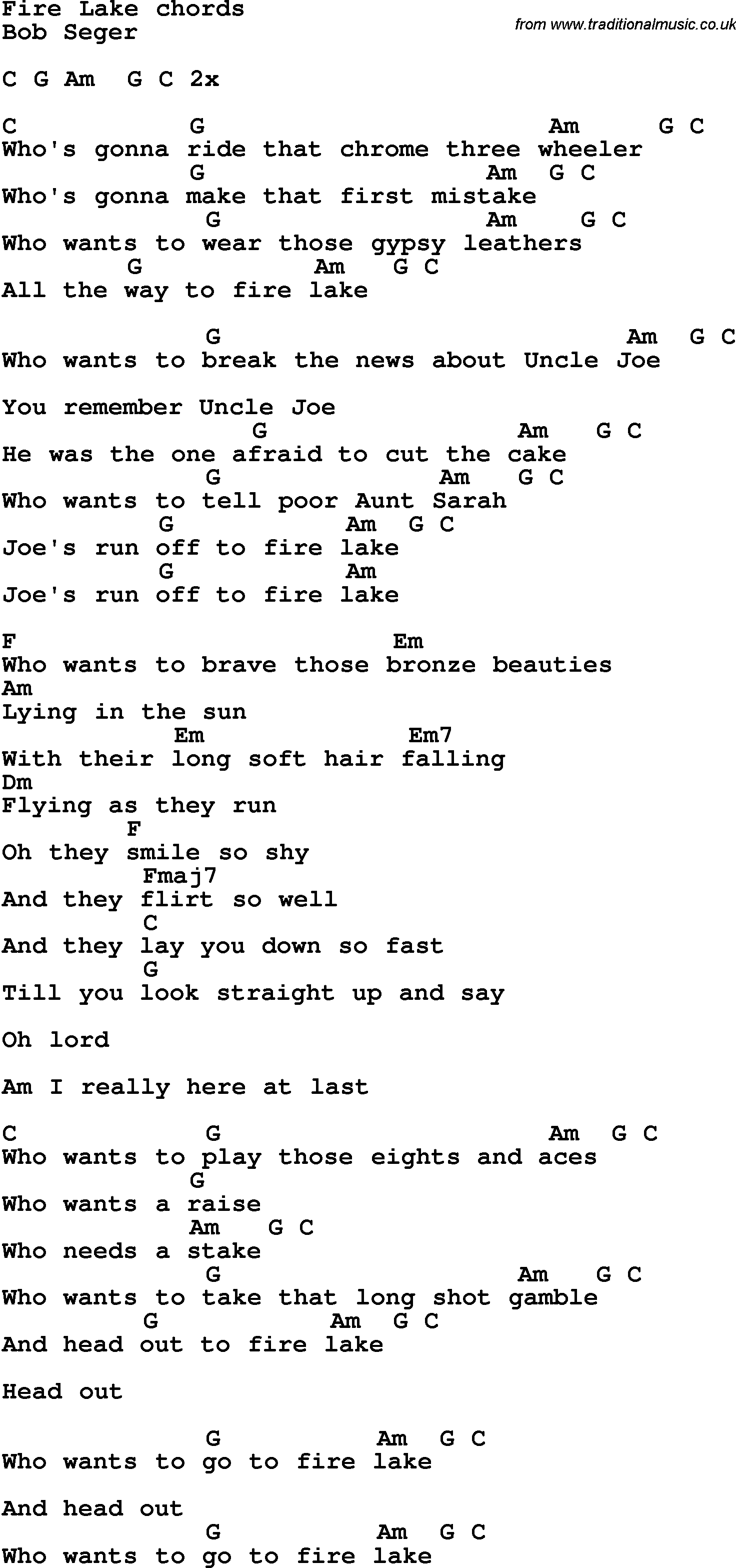 Song Lyrics with guitar chords for Fire Lake