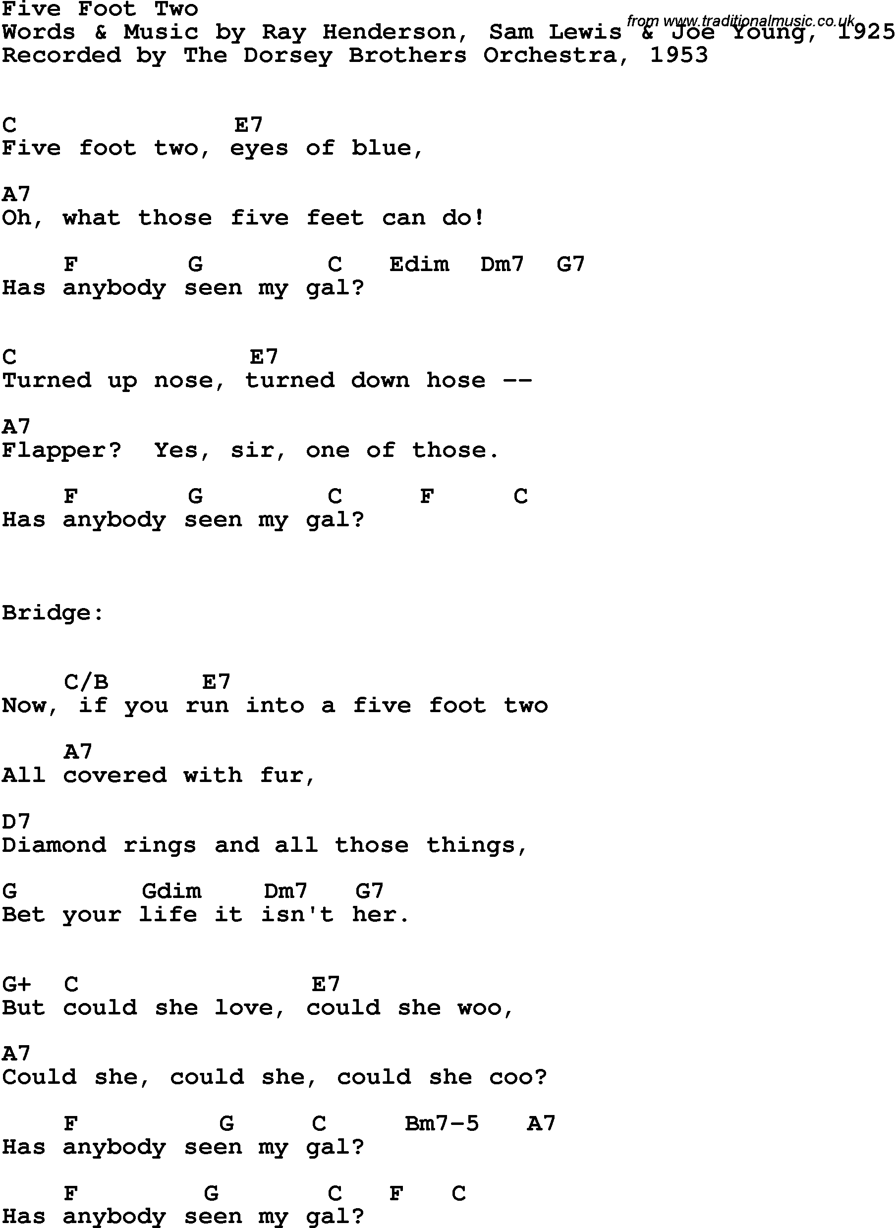 Song Lyrics with guitar chords for Five Foot Two - Dorsey Brothers Orchestra, 1953