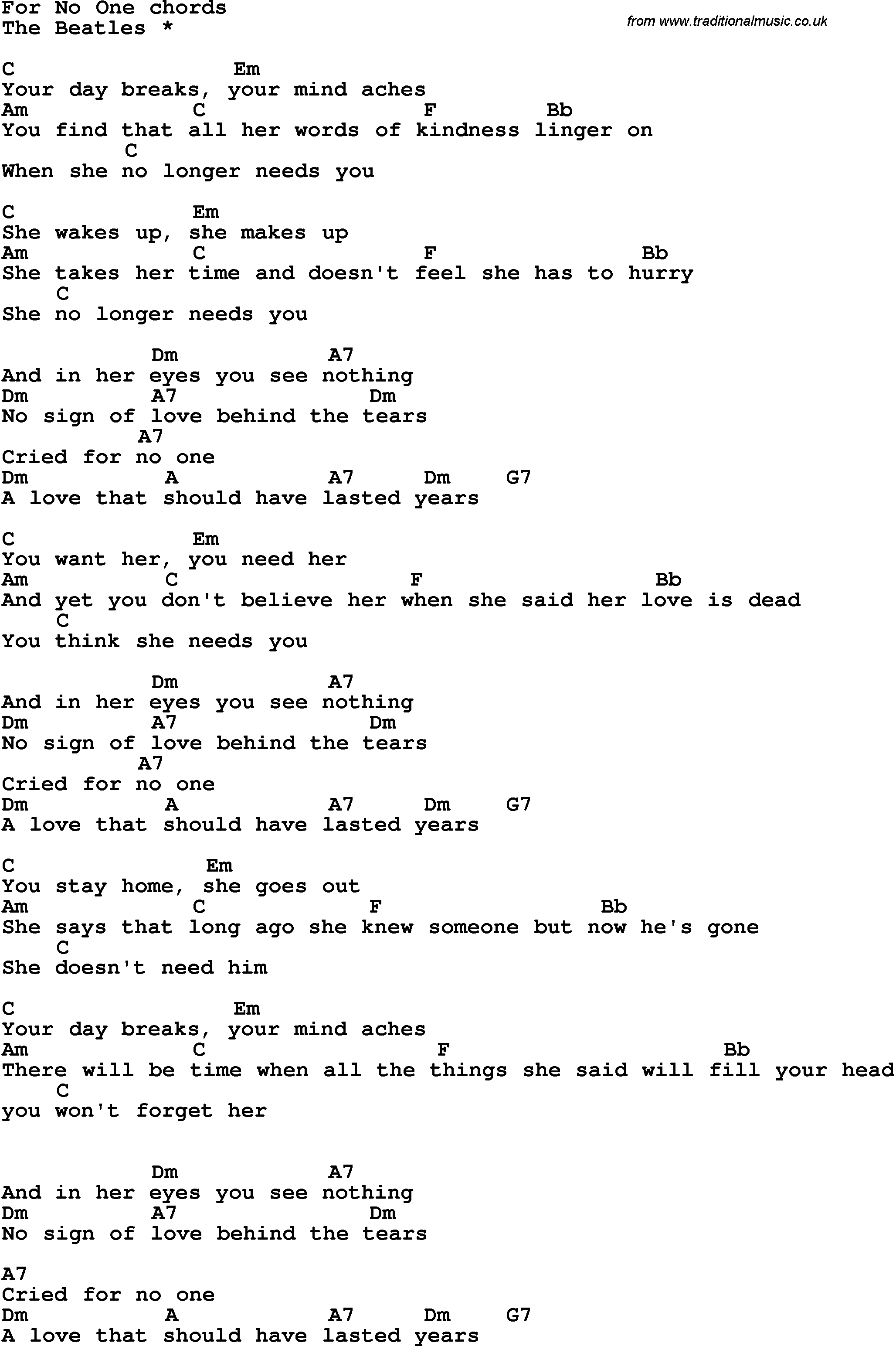 Song Lyrics with guitar chords for For No One - The Beatles