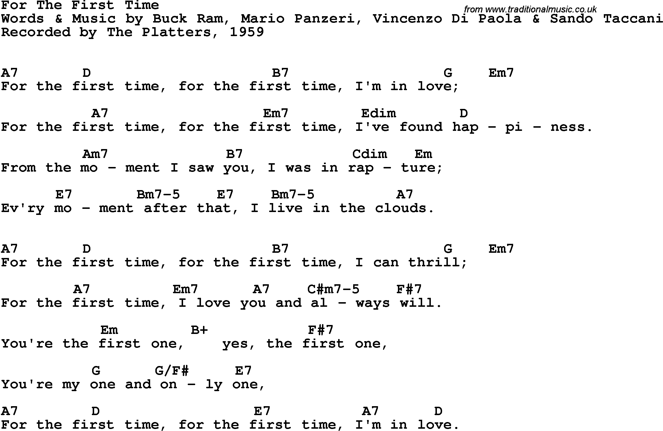 Song Lyrics with guitar chords for For The First Time - The Platters, 1959