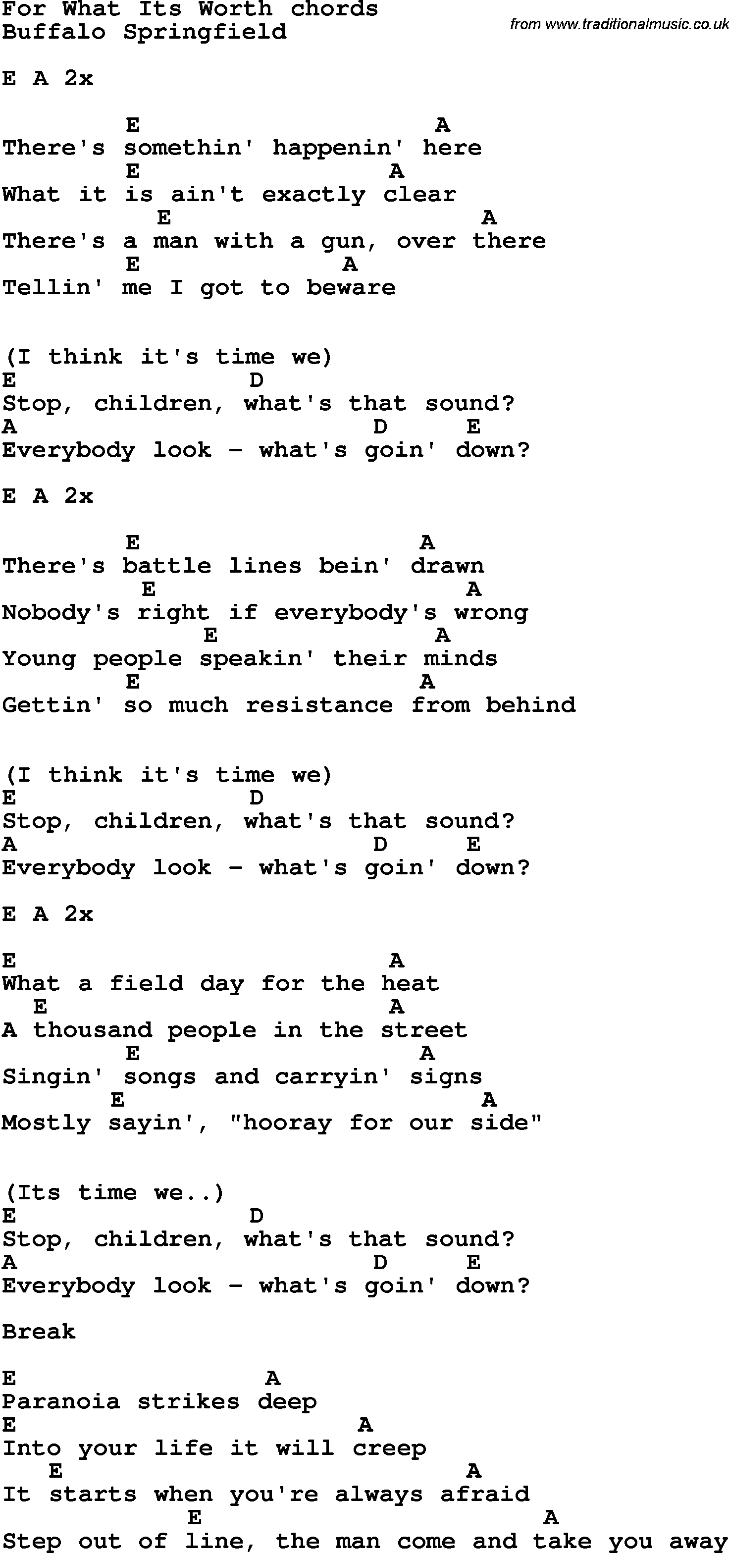 Song Lyrics with guitar chords for For What Its Worth