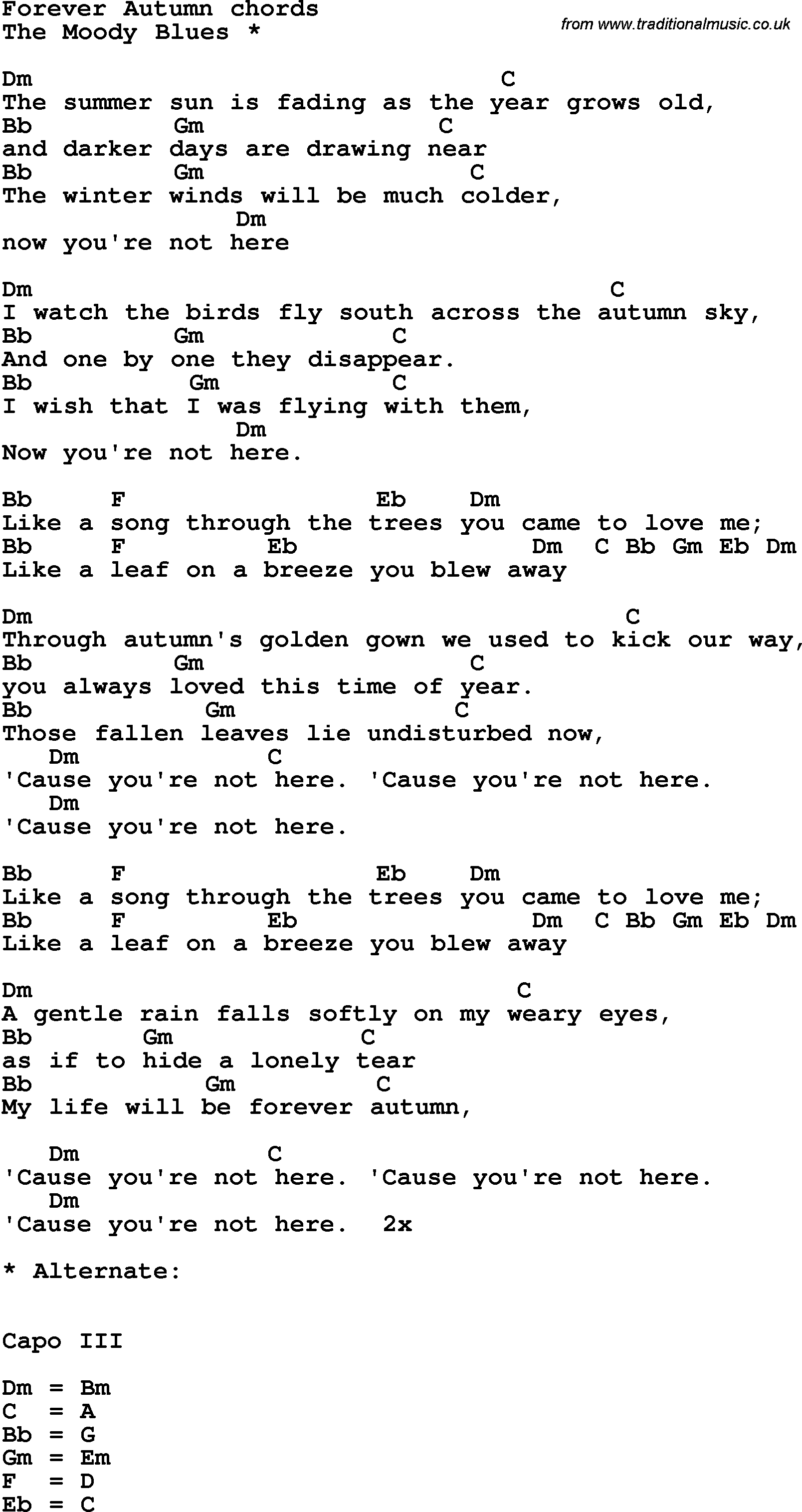 Song Lyrics with guitar chords for Forever Autumn