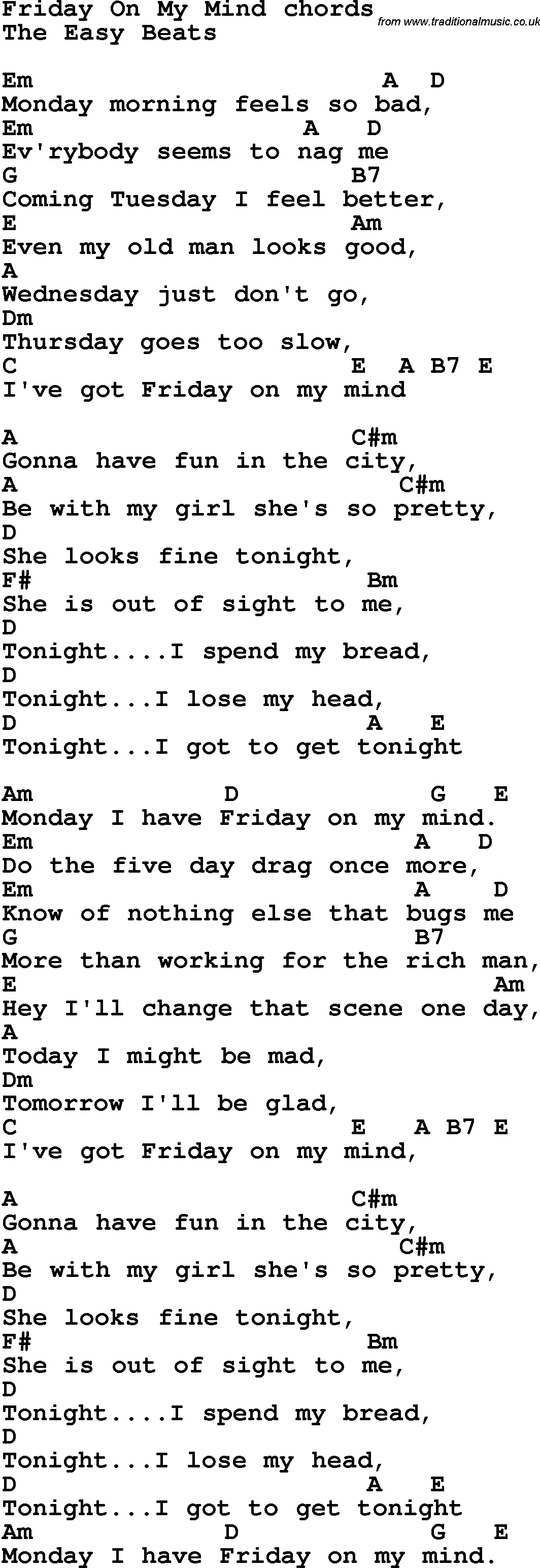 Song Lyrics with guitar chords for Friday On My Mind
