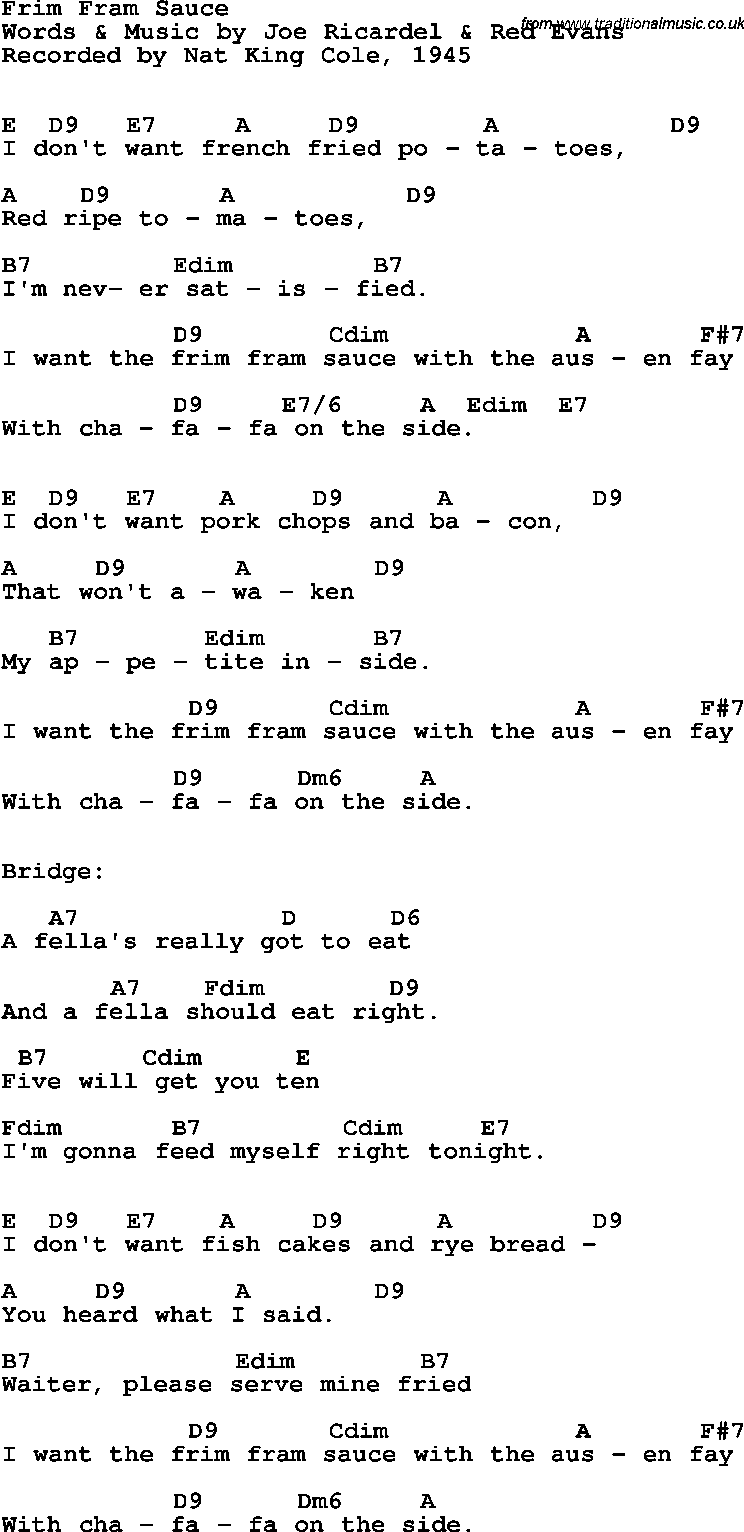 Song Lyrics with guitar chords for Frim Fram Sauce - Nat King Cole, 1945