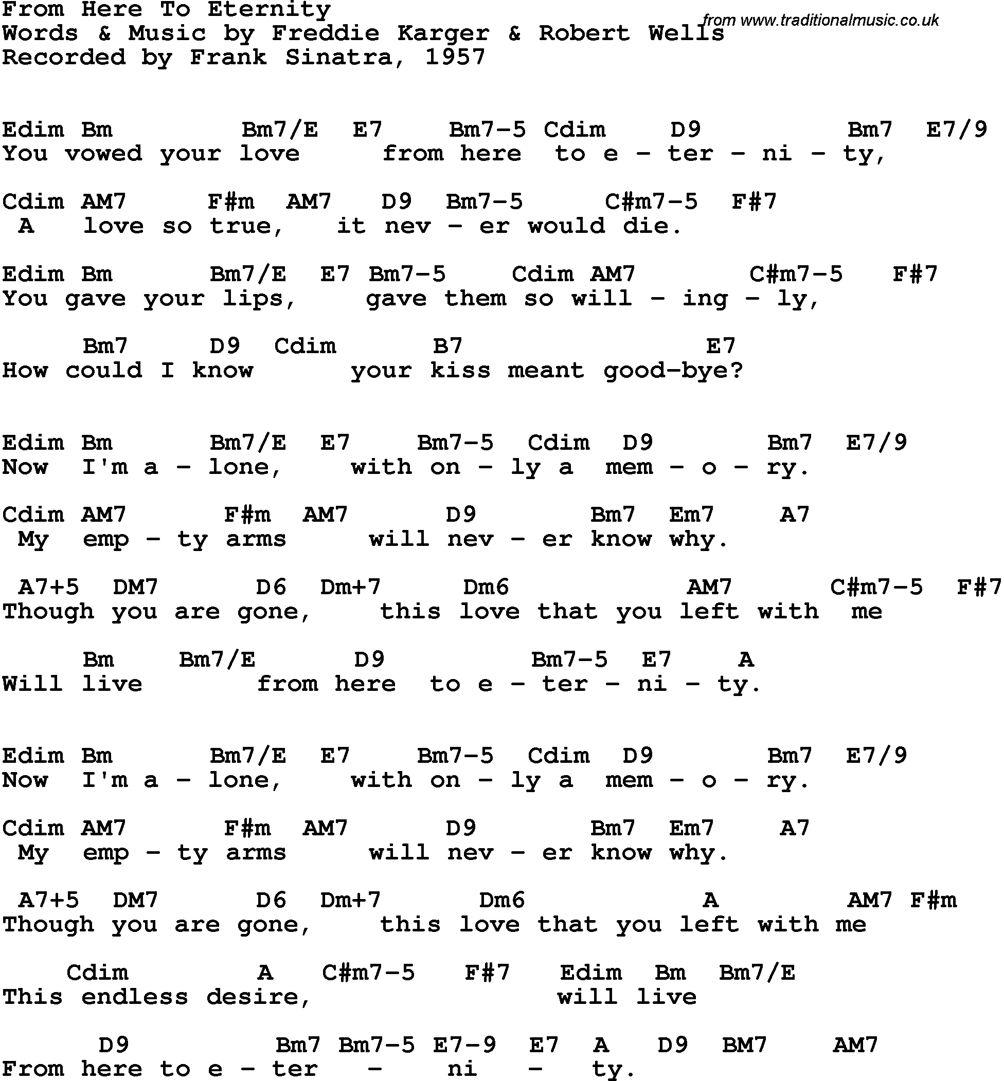 Song Lyrics with guitar chords for From Here To Eternity - Frank Sinatra, 1957