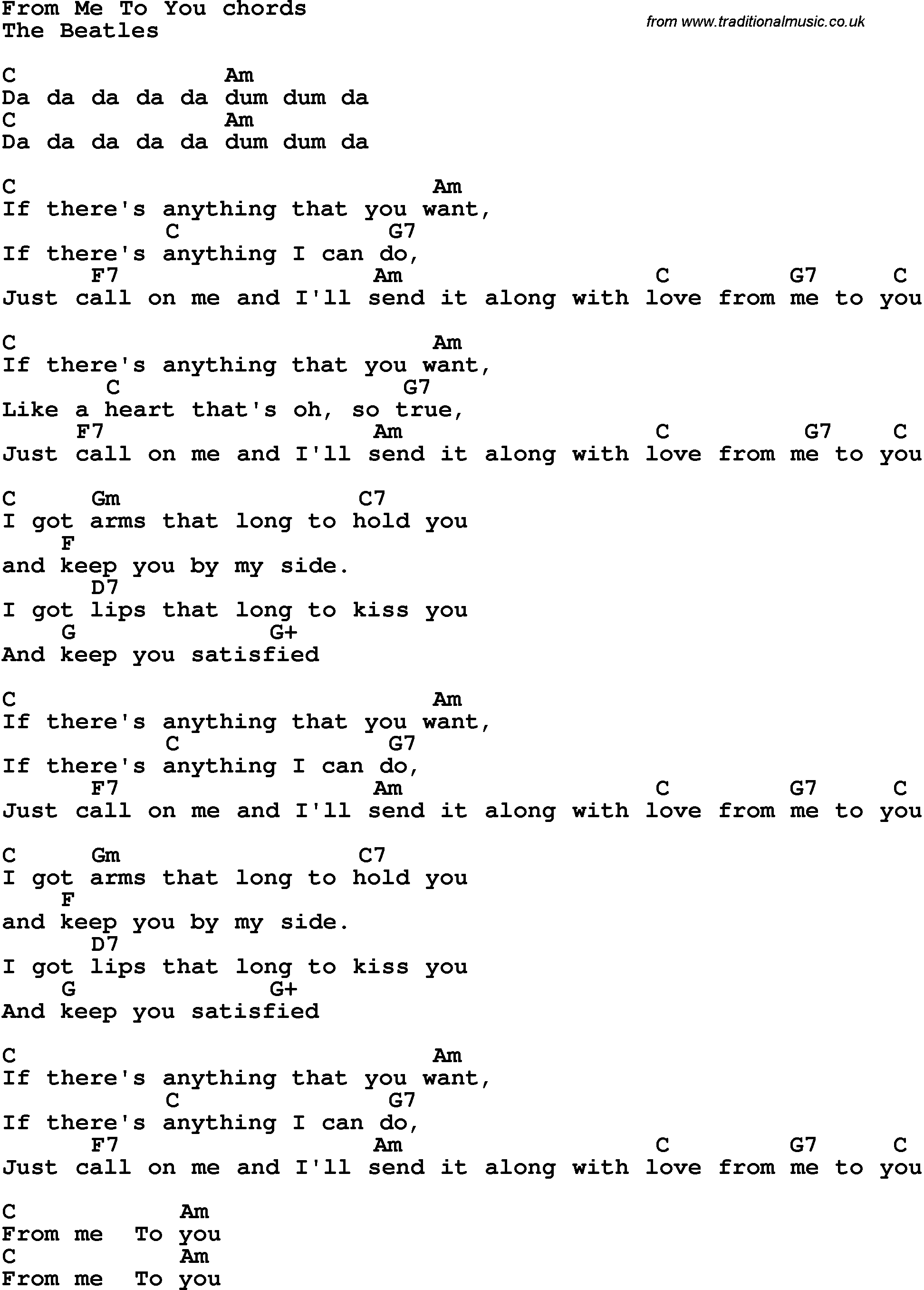 Song Lyrics with guitar chords for From Me To You - The Beatles