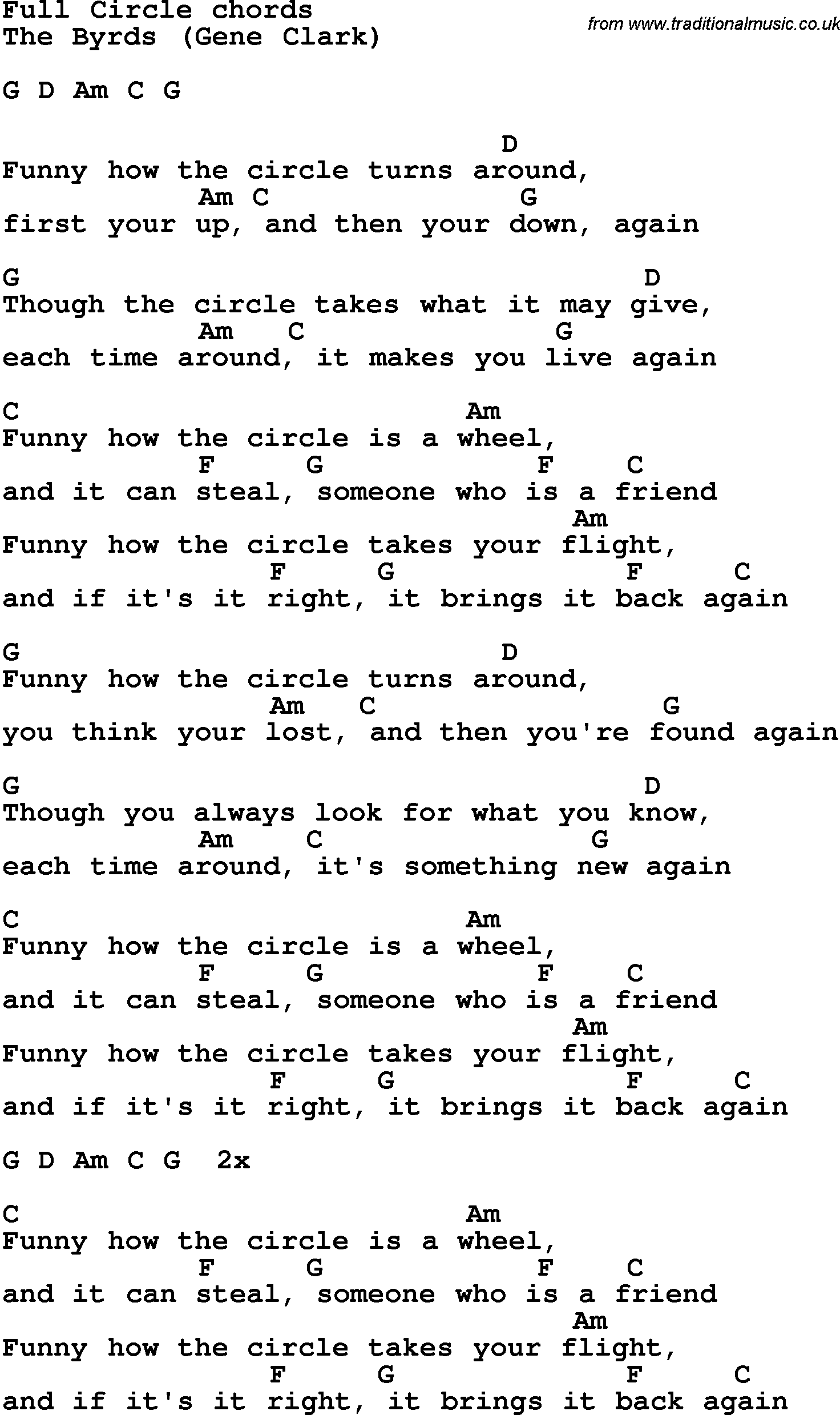 Song Lyrics with guitar chords for Full Circle