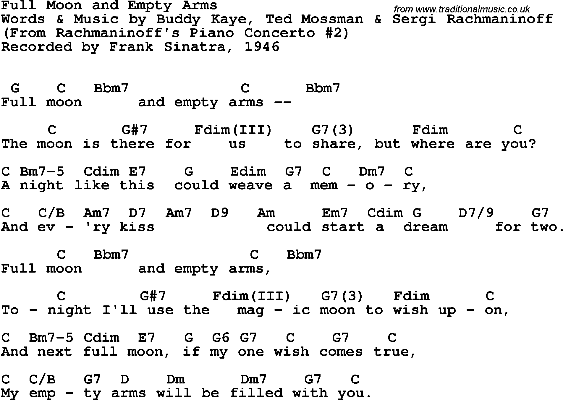Song Lyrics with guitar chords for Full Moon And Empty Arms - Frank Sinatra, 1946