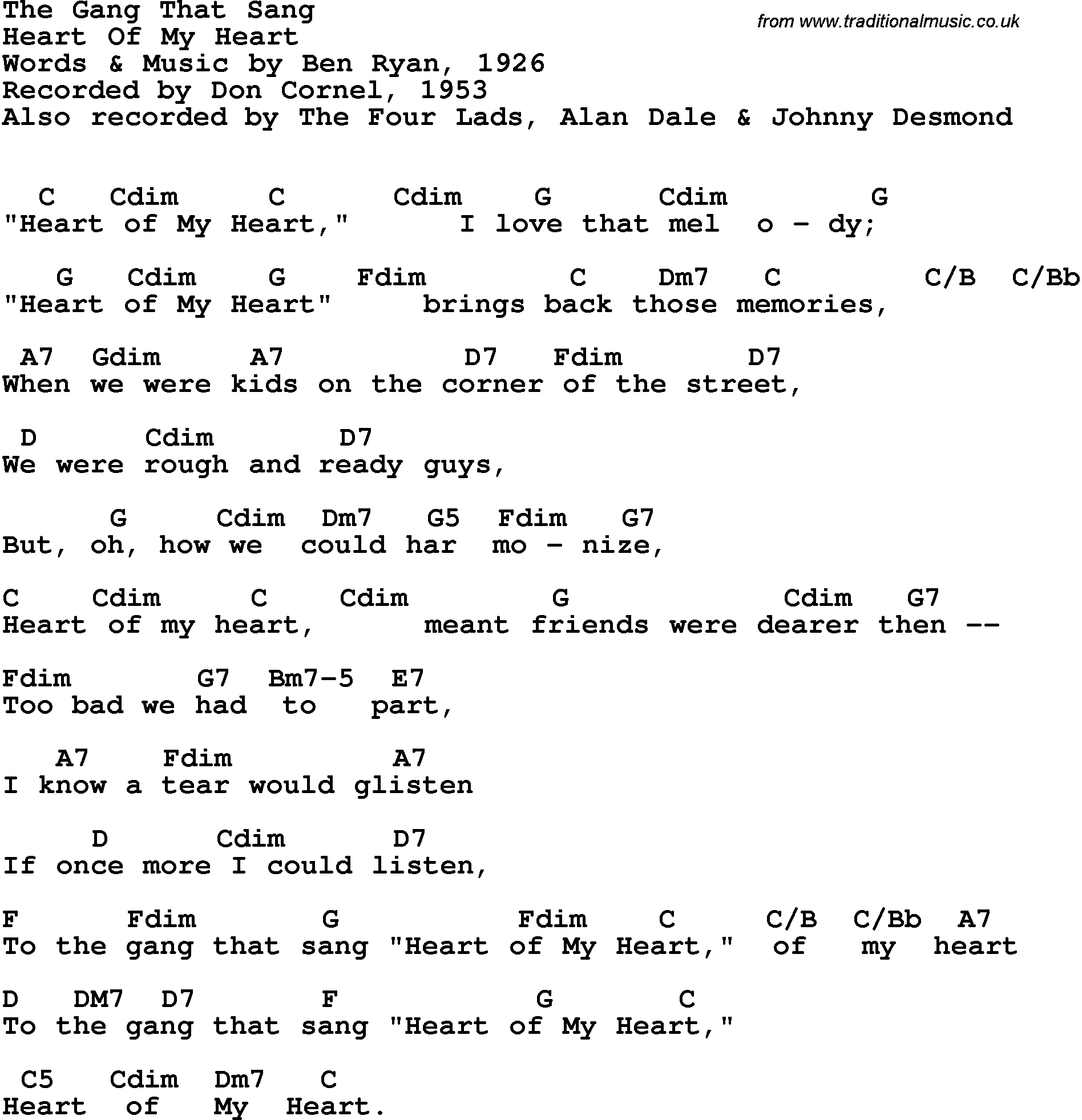 Song Lyrics with guitar chords for Gang That Sang Heart Of My Heart, The - Don Cornell, 1953