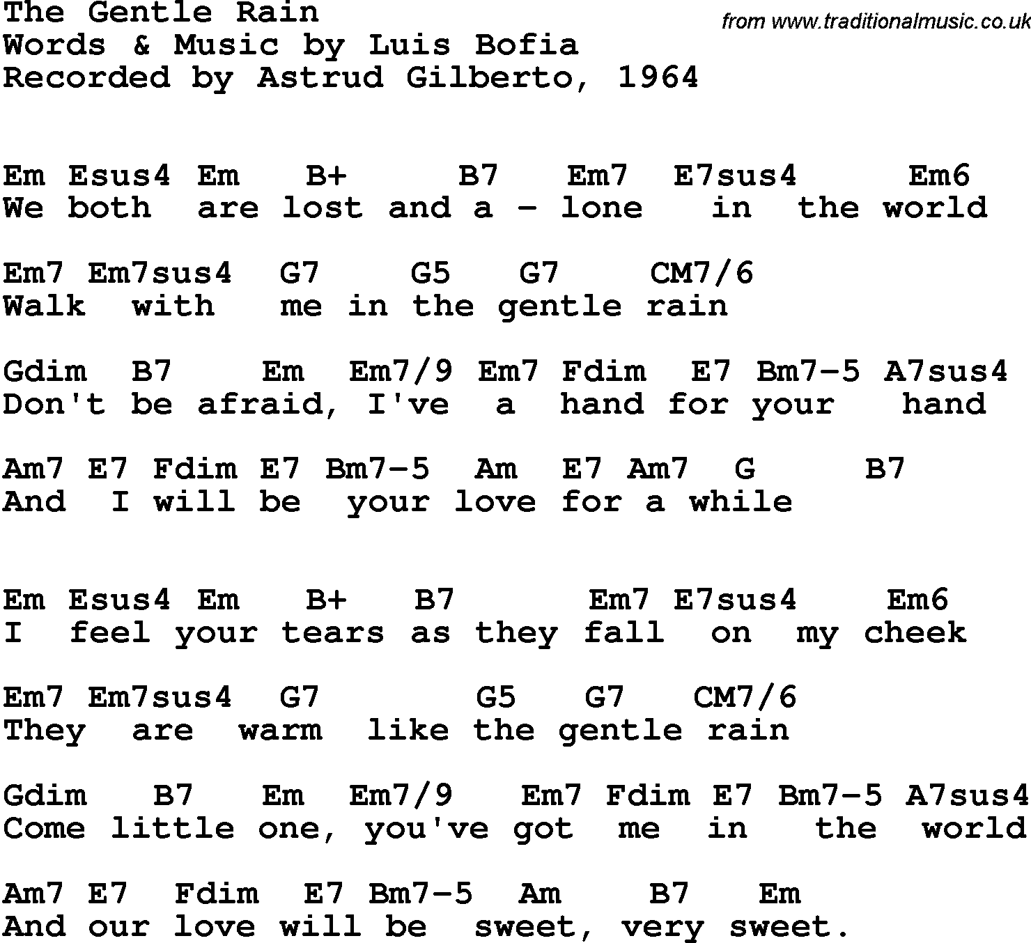 Song Lyrics with guitar chords for Gentle Rain, The - Astrud Gilberto, 1964