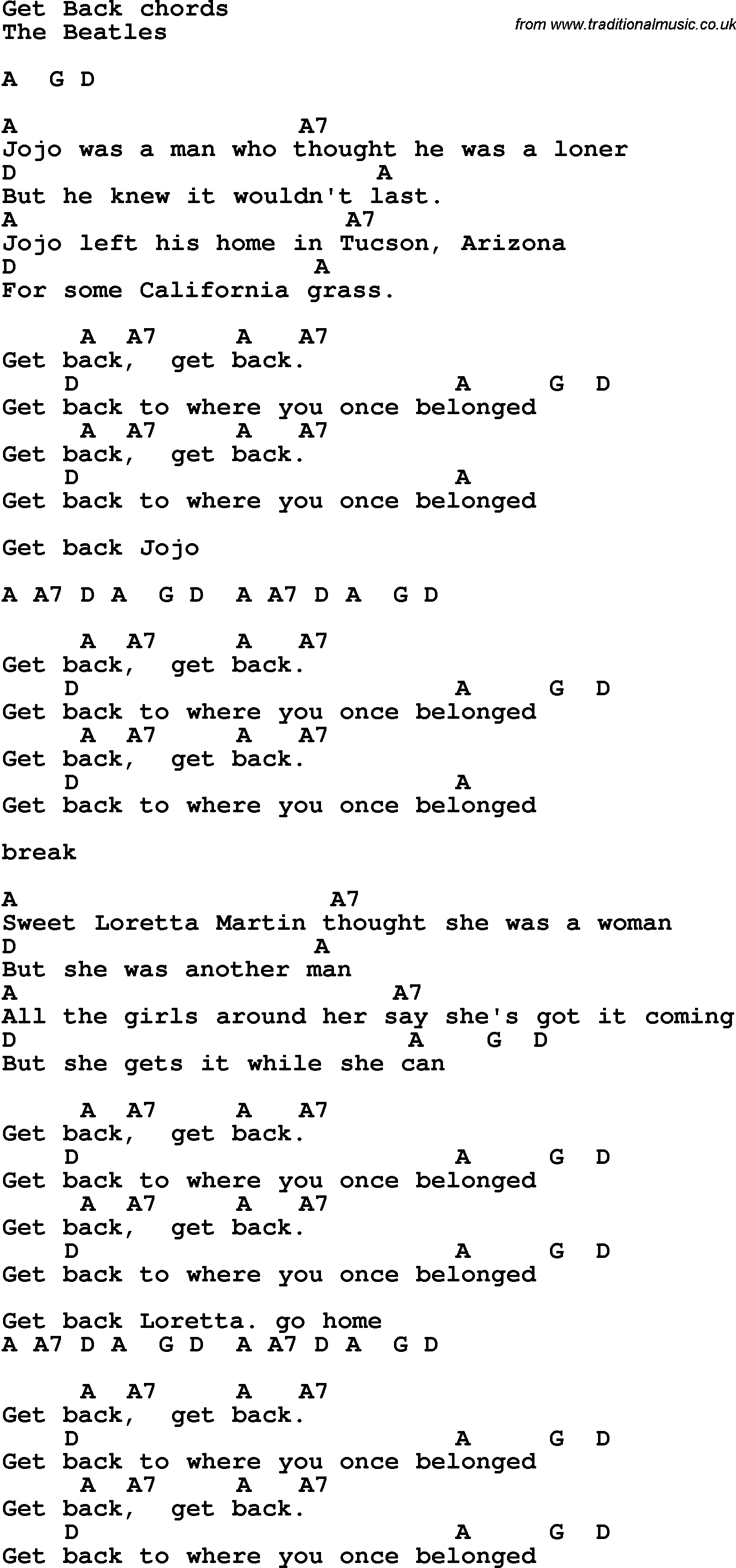 Song Lyrics with guitar chords for Get Back - The Beatles