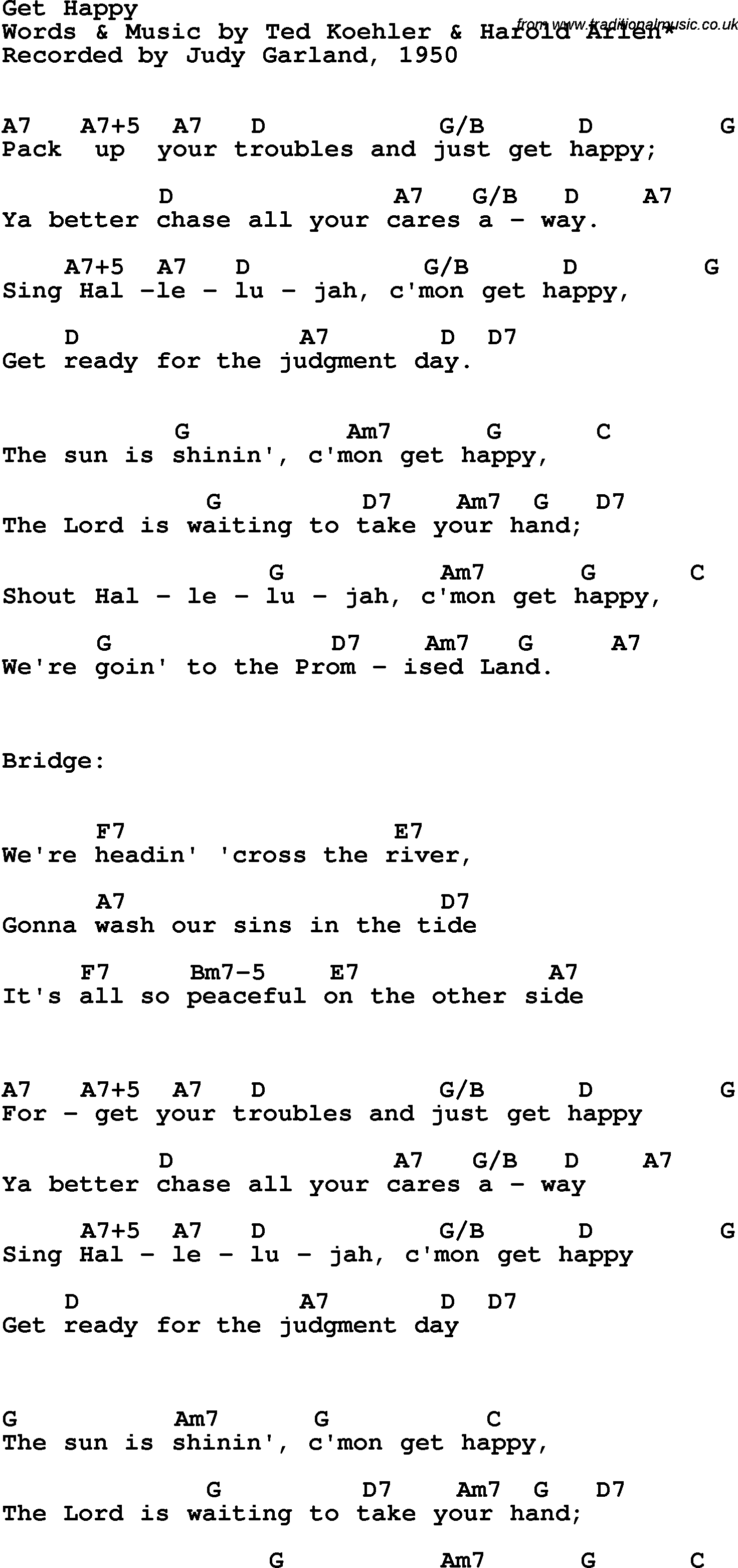 Song Lyrics with guitar chords for Get Happy - Judy Garland, 1950