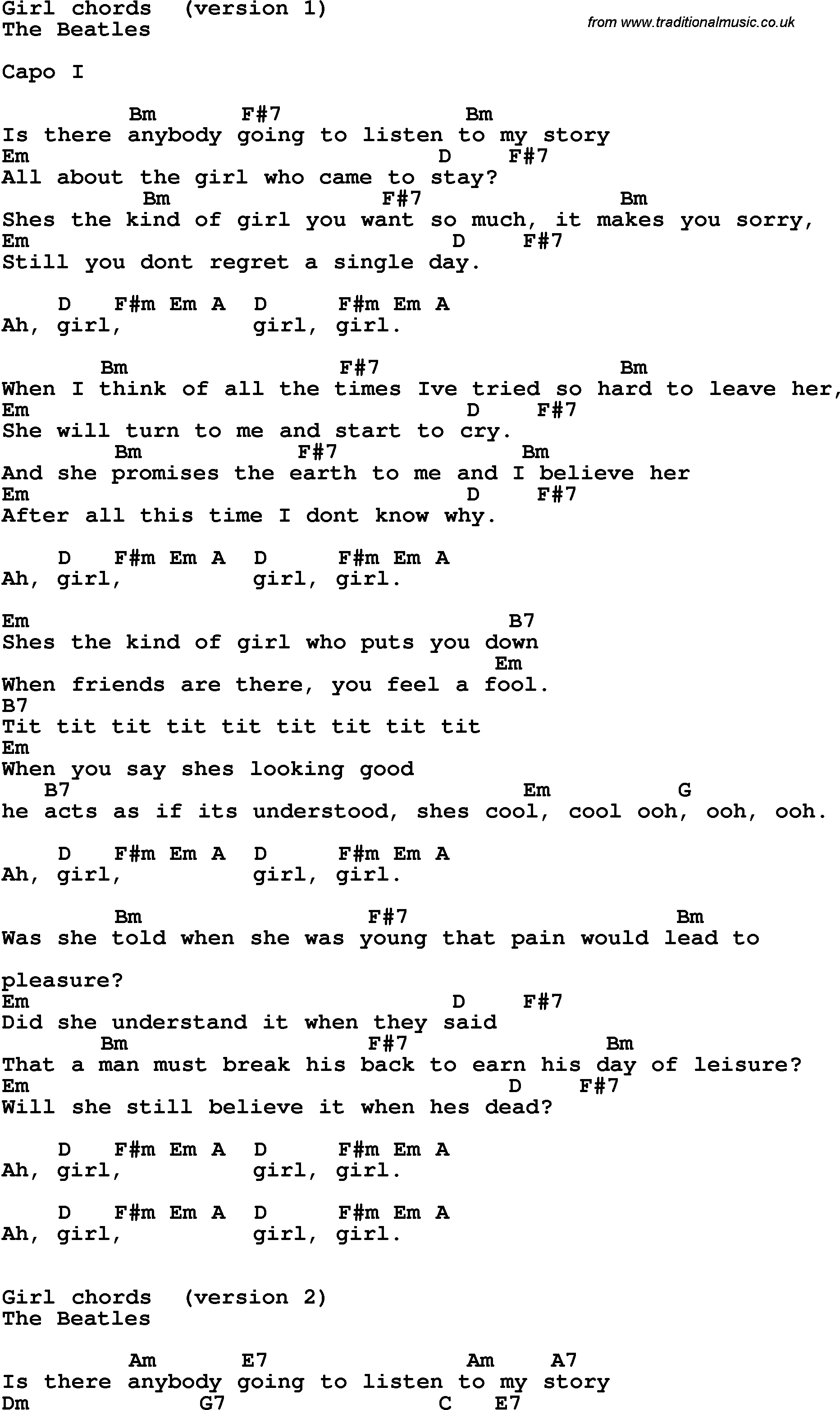 Song Lyrics with guitar chords for Girl - The Beatles