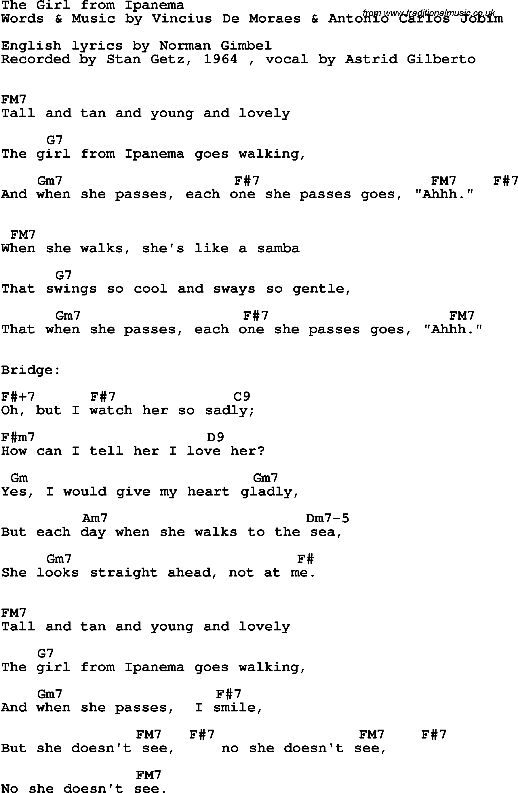 Song Lyrics with guitar chords for Girl From Ipanema, The - Stan Getz, 1964
