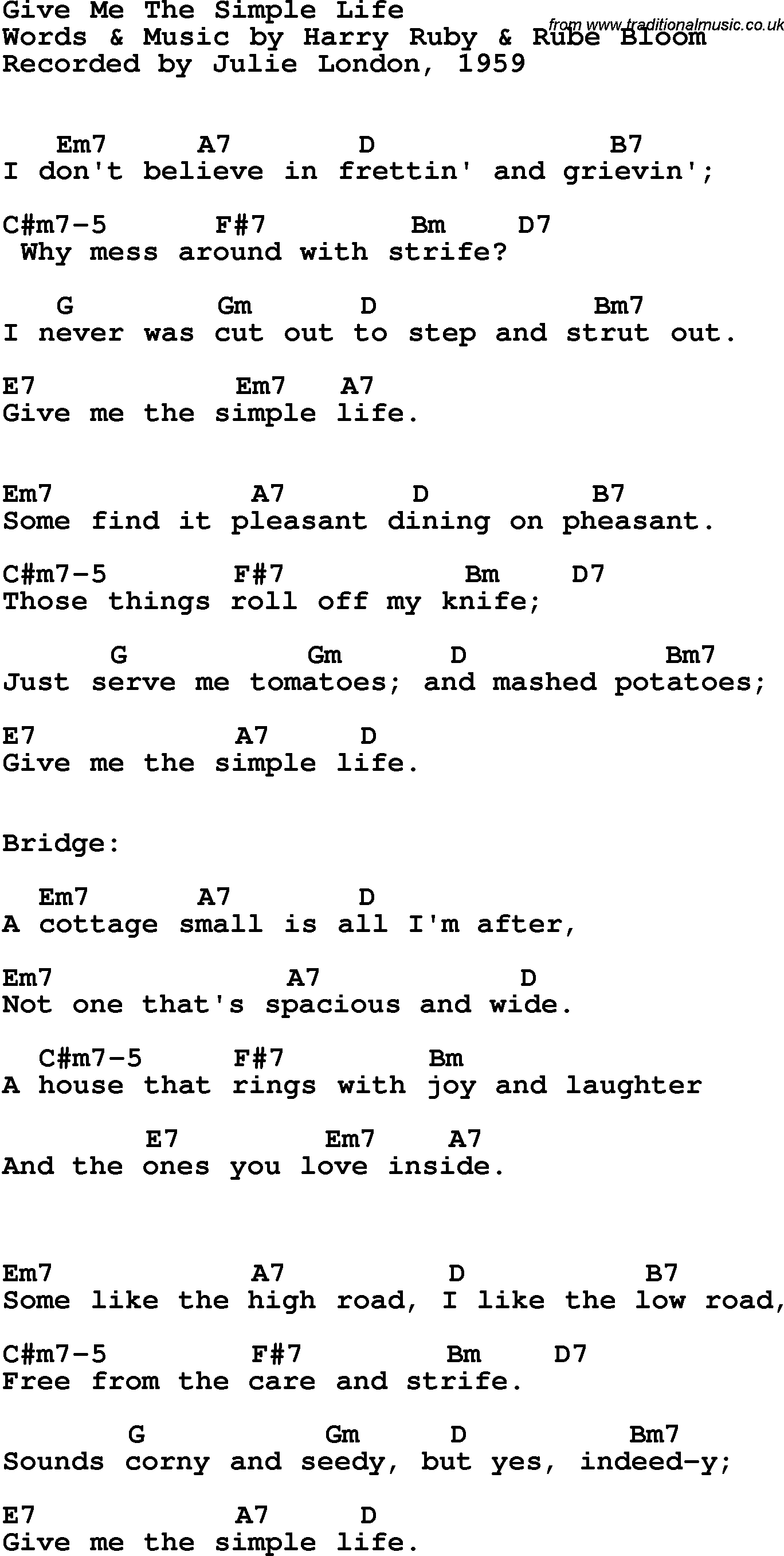 Song Lyrics with guitar chords for Give Me The Simple Life - Julie London,  1959