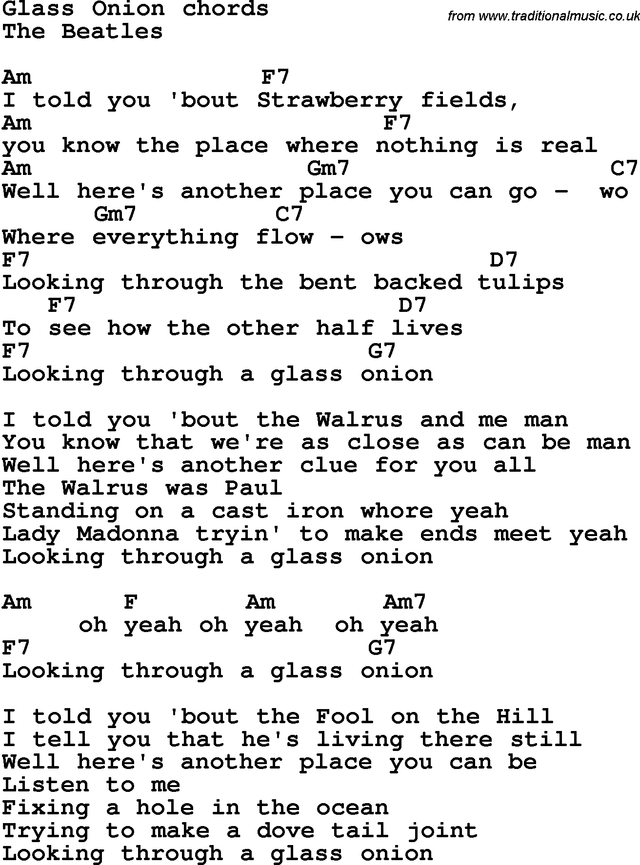 Song lyrics with guitar for Glass Onion The Beatles