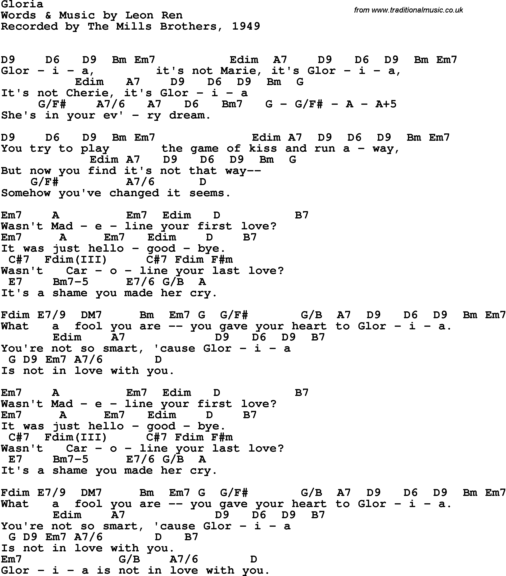 Song Lyrics with guitar chords for Gloria - The Mills Brothers, 1949