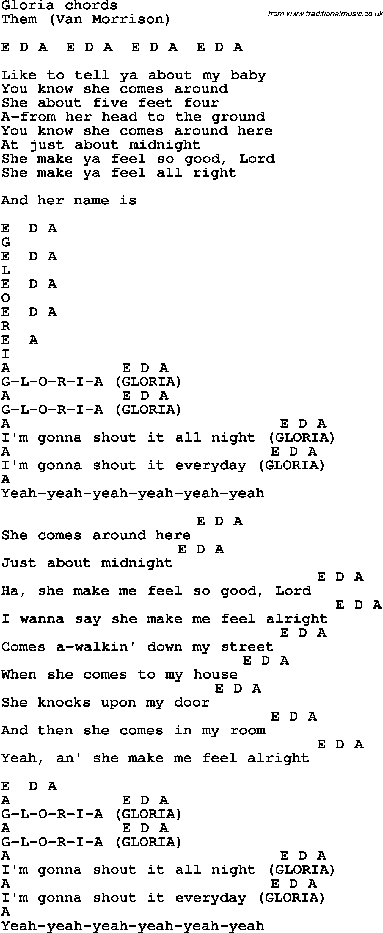 Song Lyrics with guitar chords for Gloria - Them
