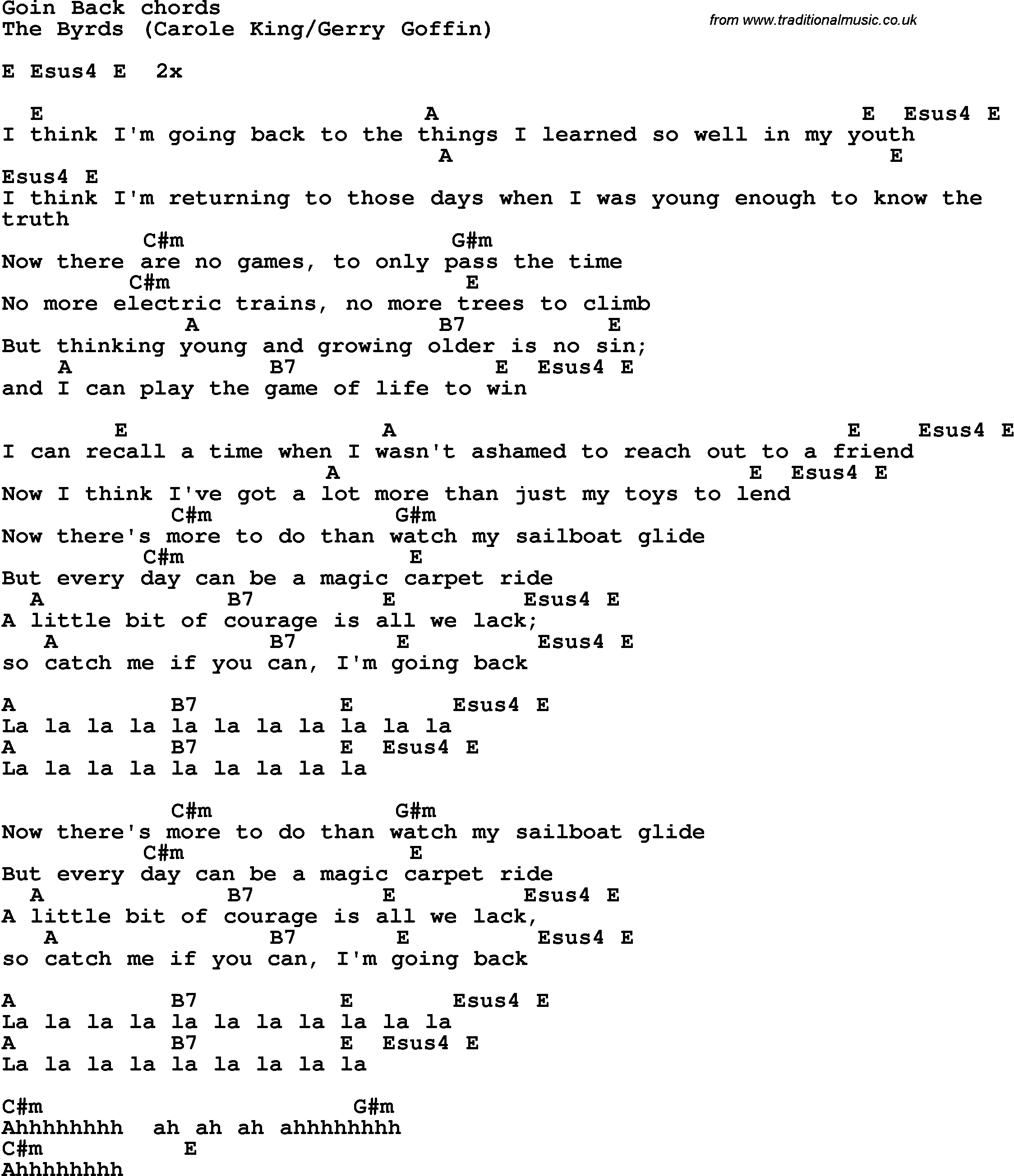 Song Lyrics with guitar chords for Goin' Back