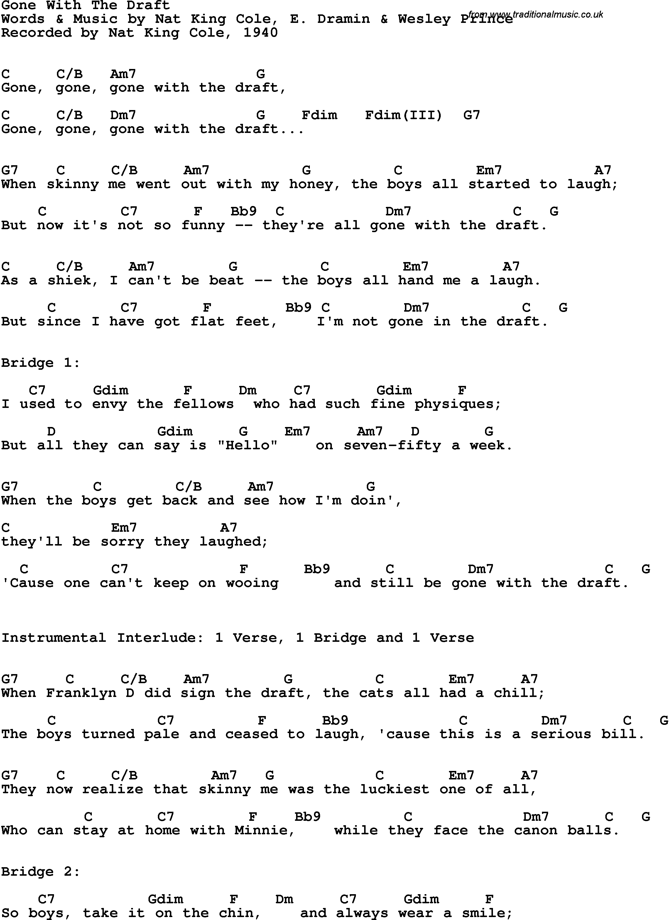 Song Lyrics with guitar chords for Gone With The Draft - Nat King Cole, 1940
