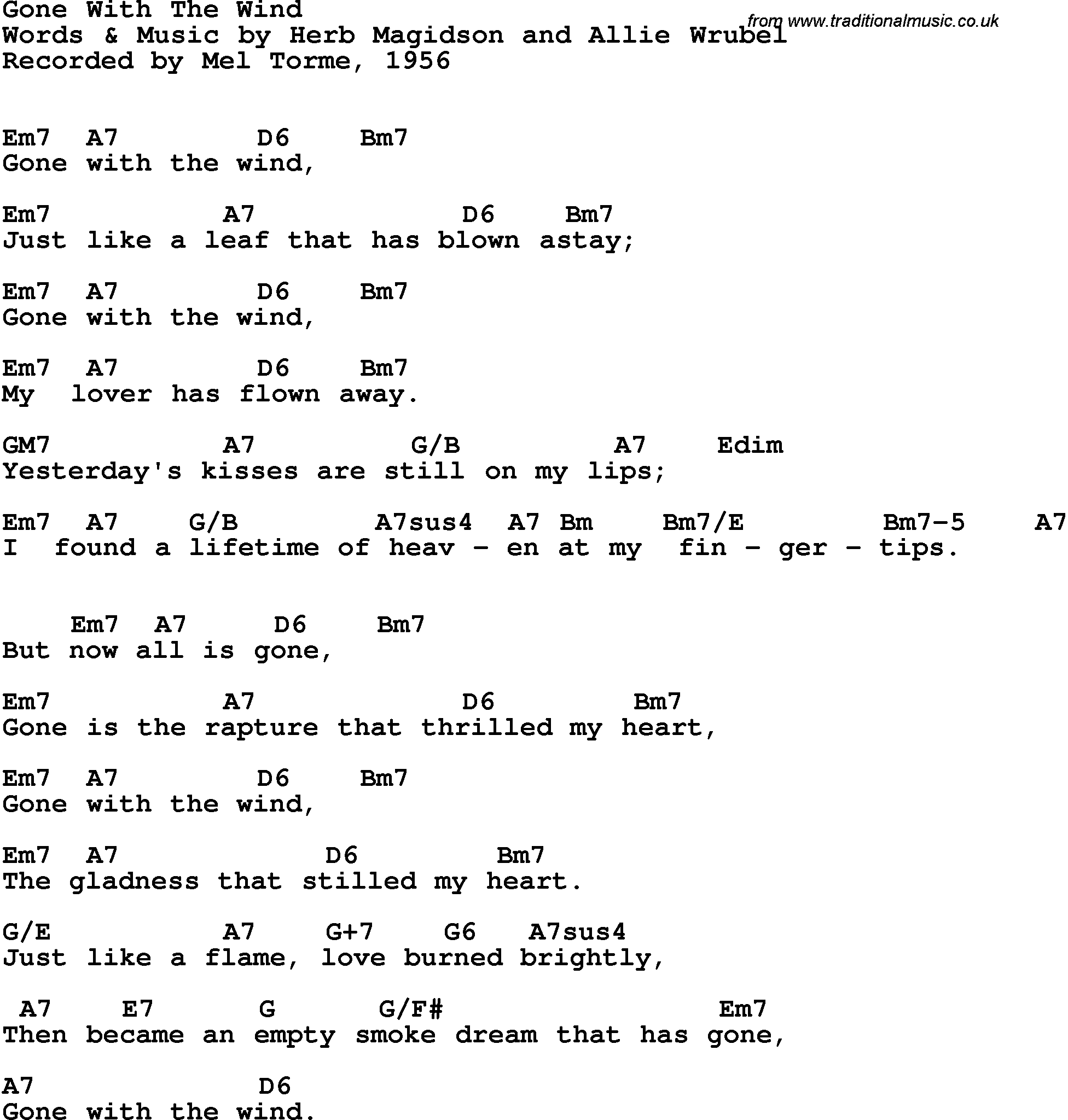 Song Lyrics with guitar chords for Gone With The Wind - Mel Torme, 1956
