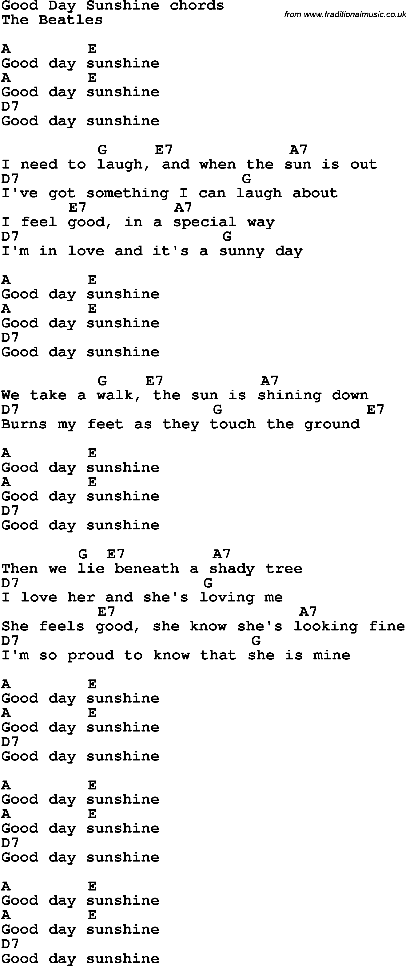 Song Lyrics with guitar chords for Good Day Sunshine - The Beatles