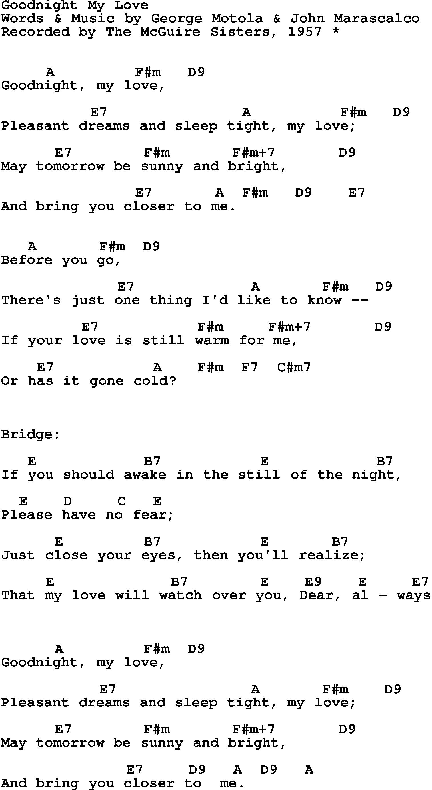 Song Lyrics with guitar chords for Good Night My Love - The Mcguire Sisters, 1957