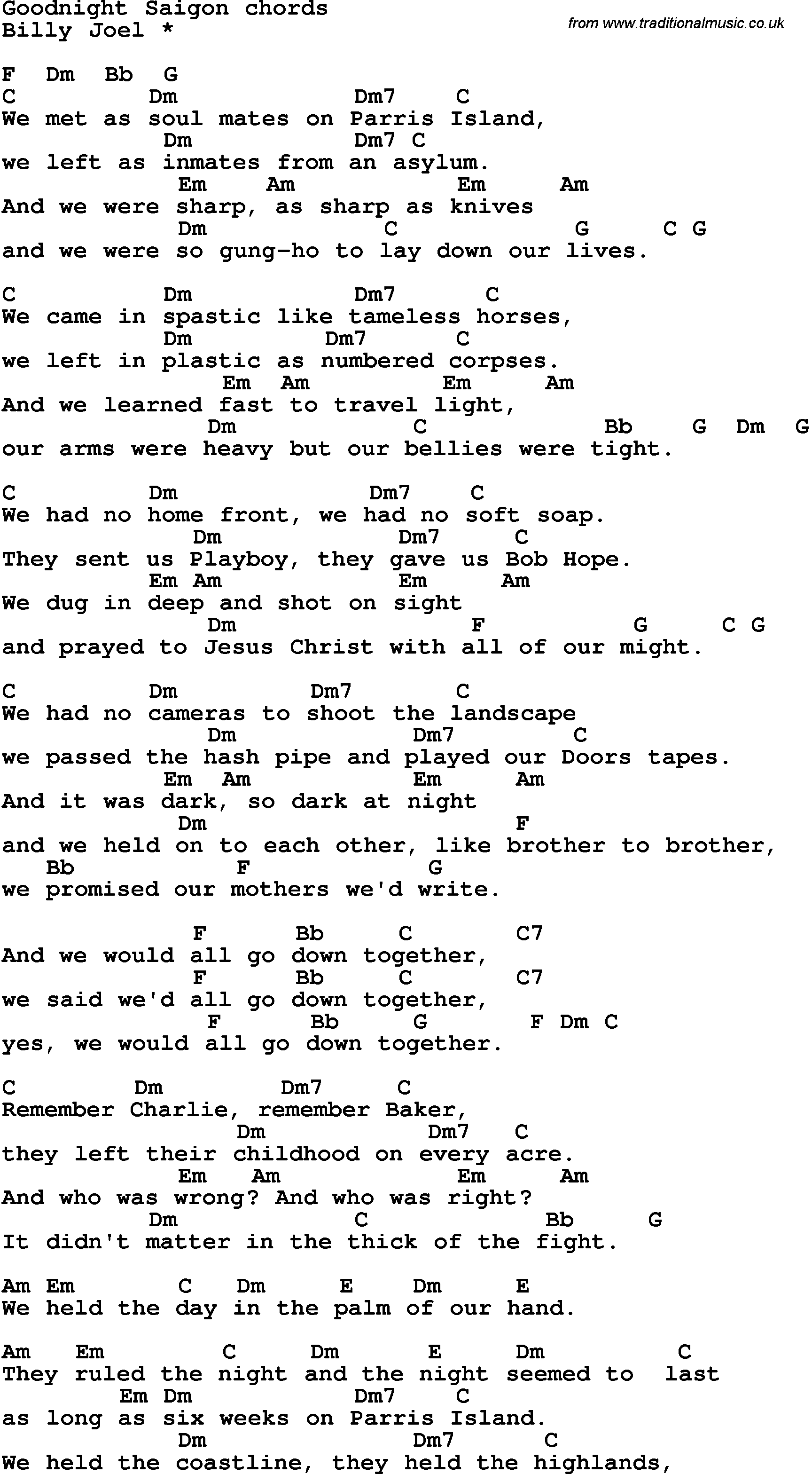 Song Lyrics with guitar chords for Goodnight Saigon
