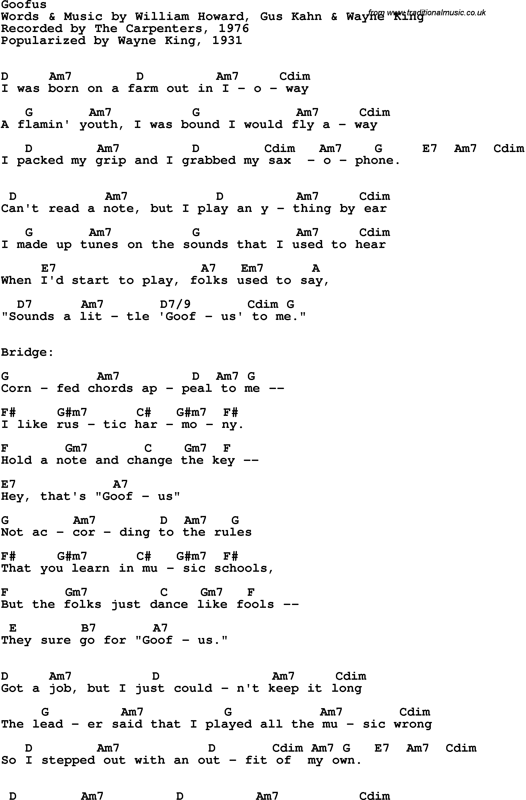 Song Lyrics with guitar chords for Goofus - The Carpenters, 1976