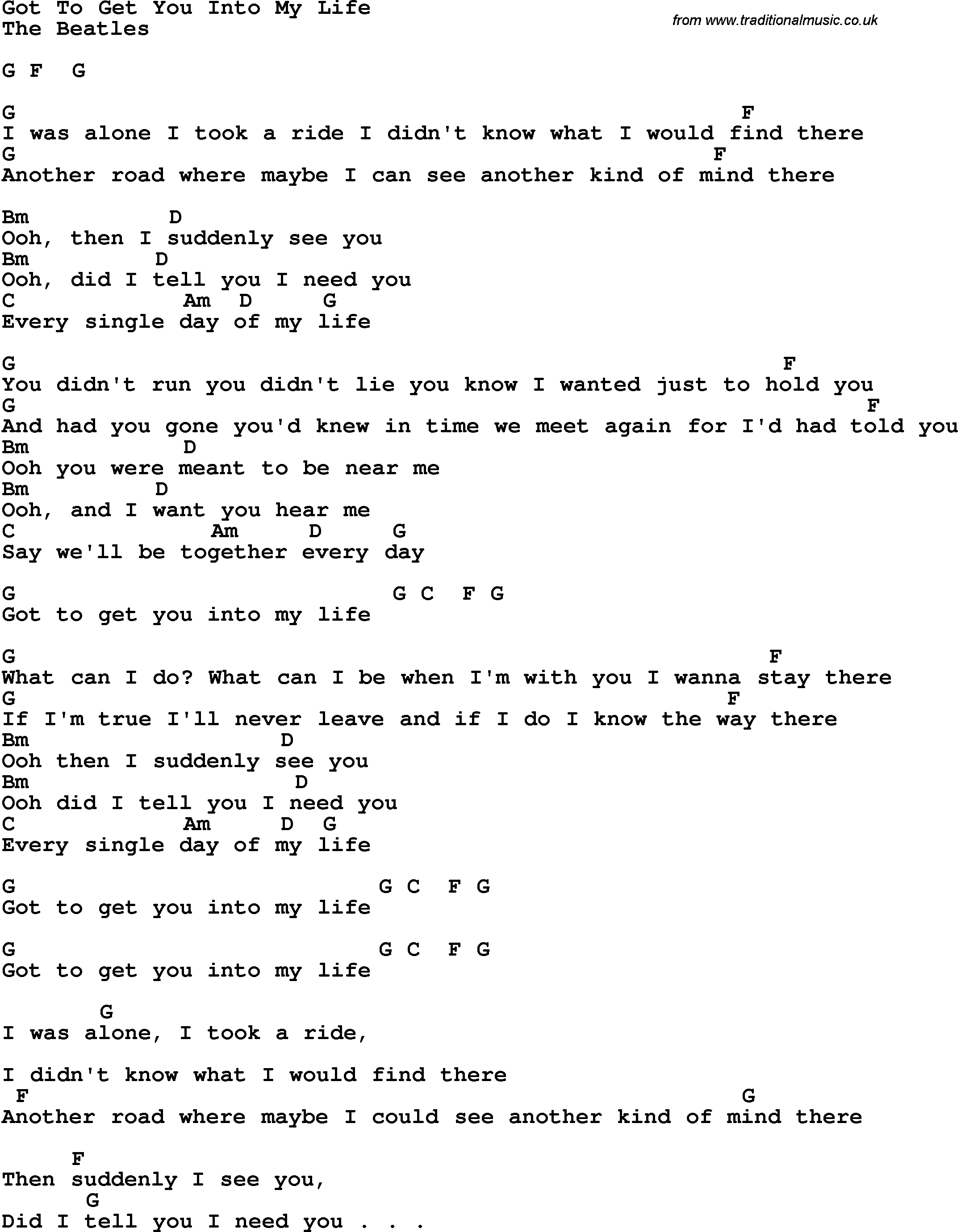 Song Lyrics with guitar chords for Got To Get You Into My Life