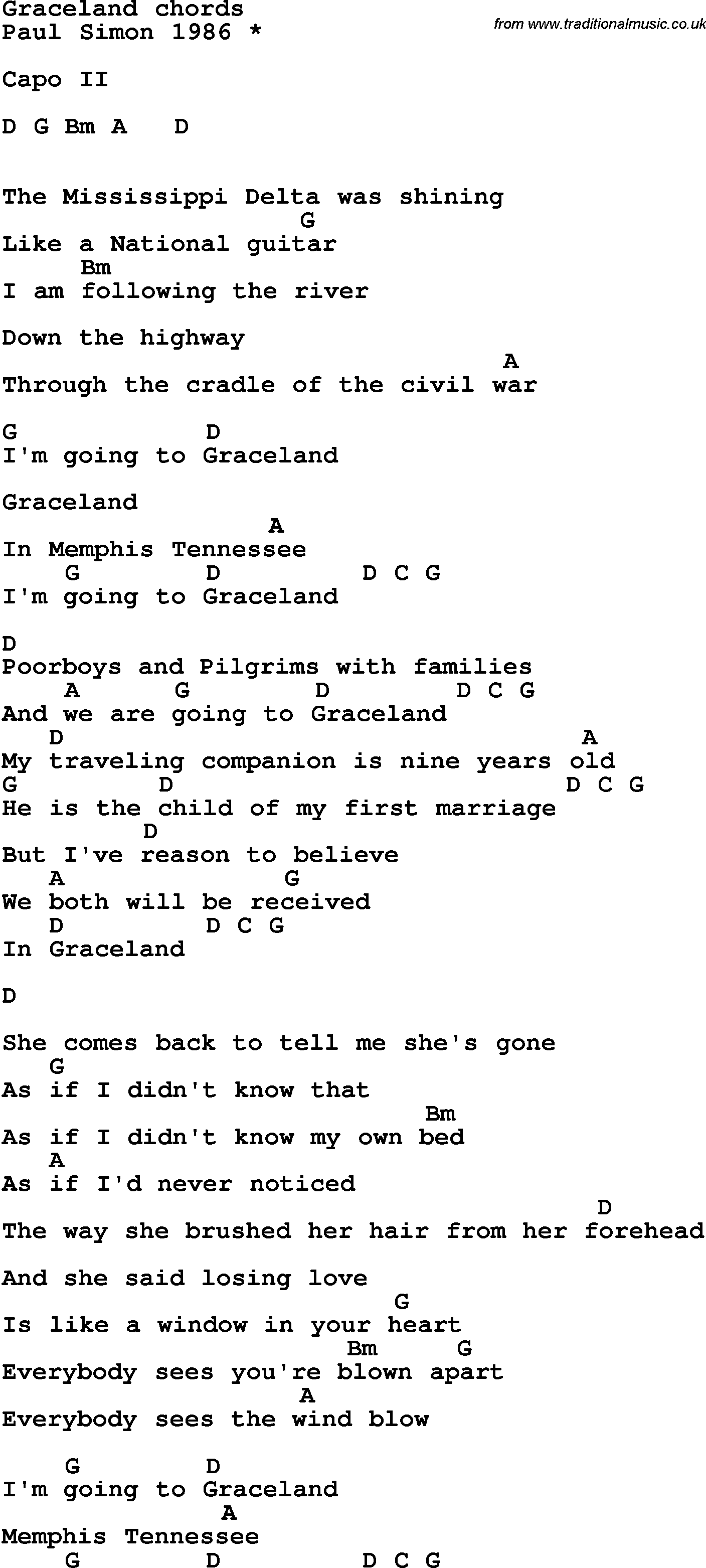 Song Lyrics with guitar chords for Graceland