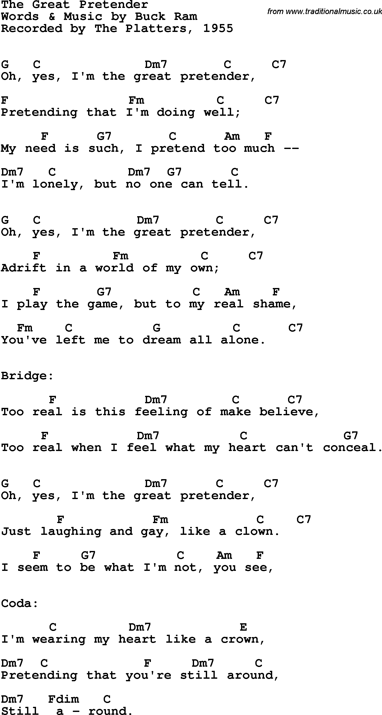 Song Lyrics with guitar chords for Great Pretender, The - The Platters, 1955