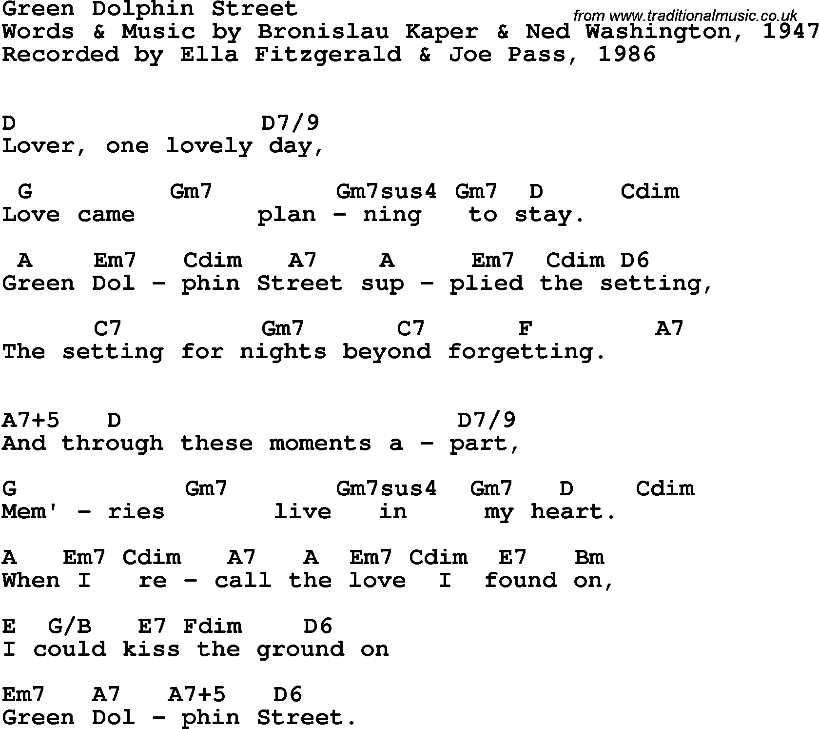 Song Lyrics with guitar chords for Green Dolphin Street - Ella Fitzgerald, 1986, With Joe Pass