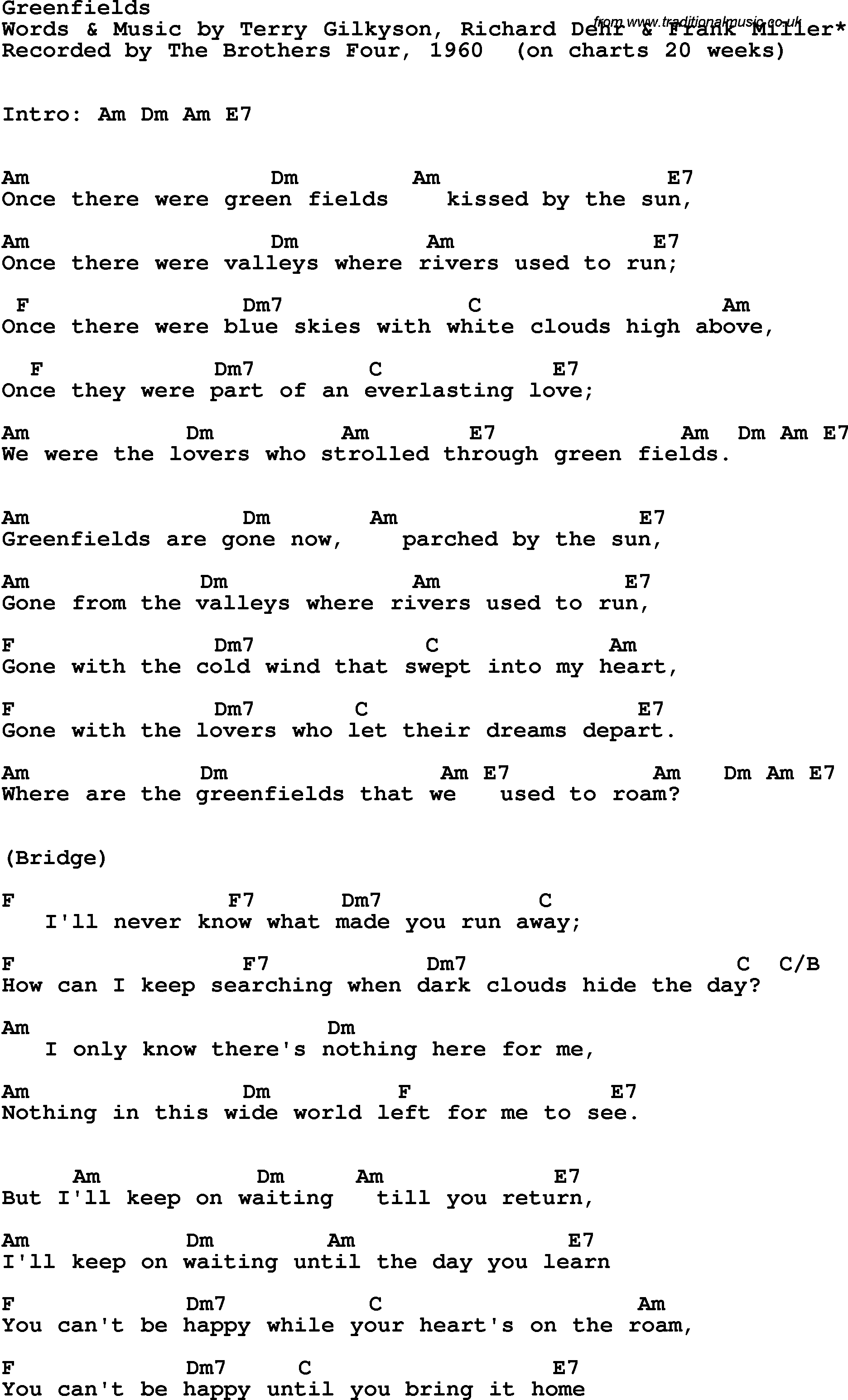 Song Lyrics with guitar chords for Greenfields - The Brothers Four, 1960