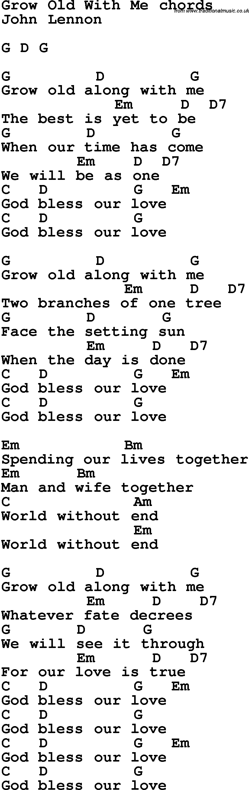 Song Lyrics with guitar chords for Grow Old With Me