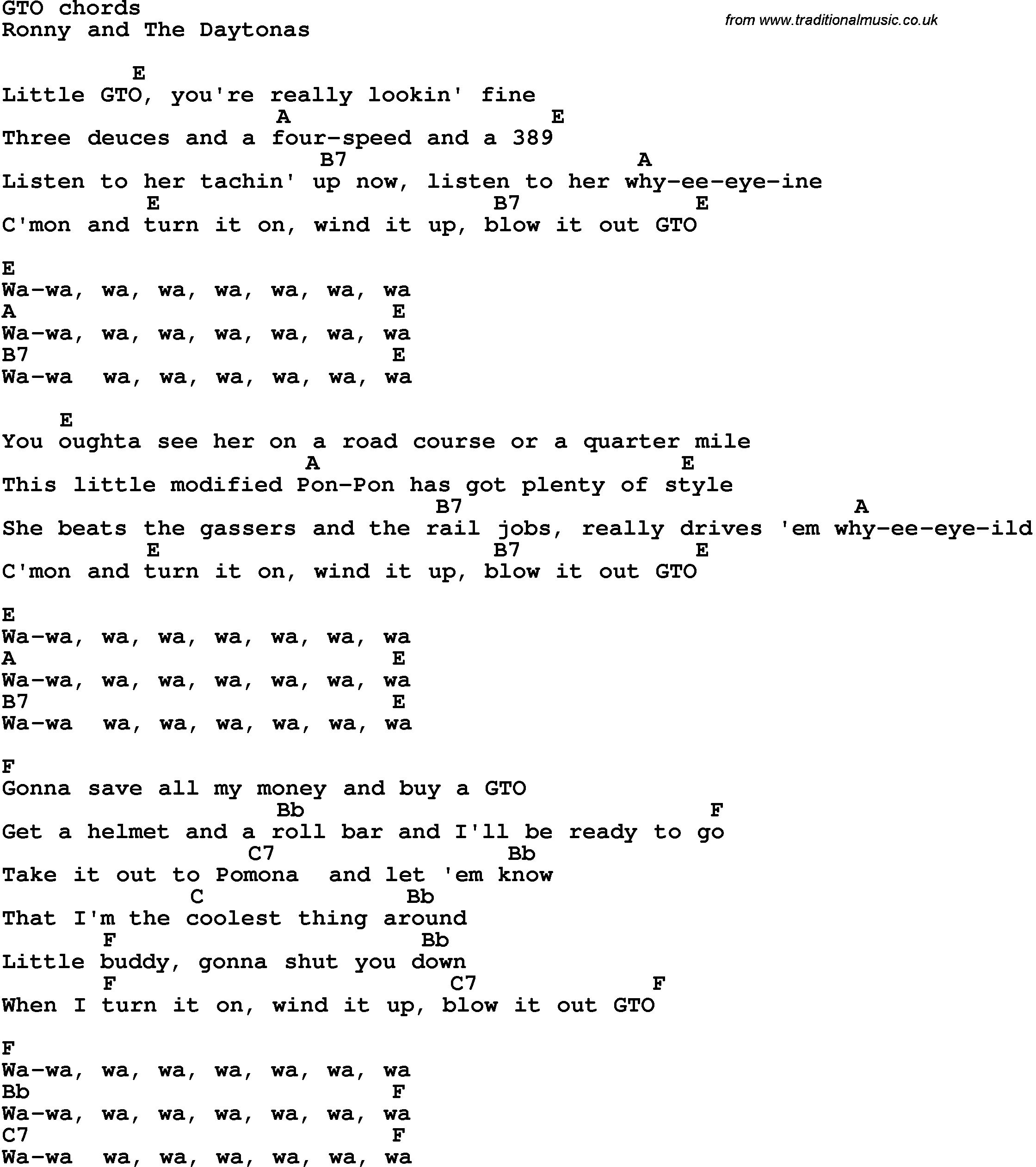 Song Lyrics with guitar chords for Gto - Ronny And The Daytonas