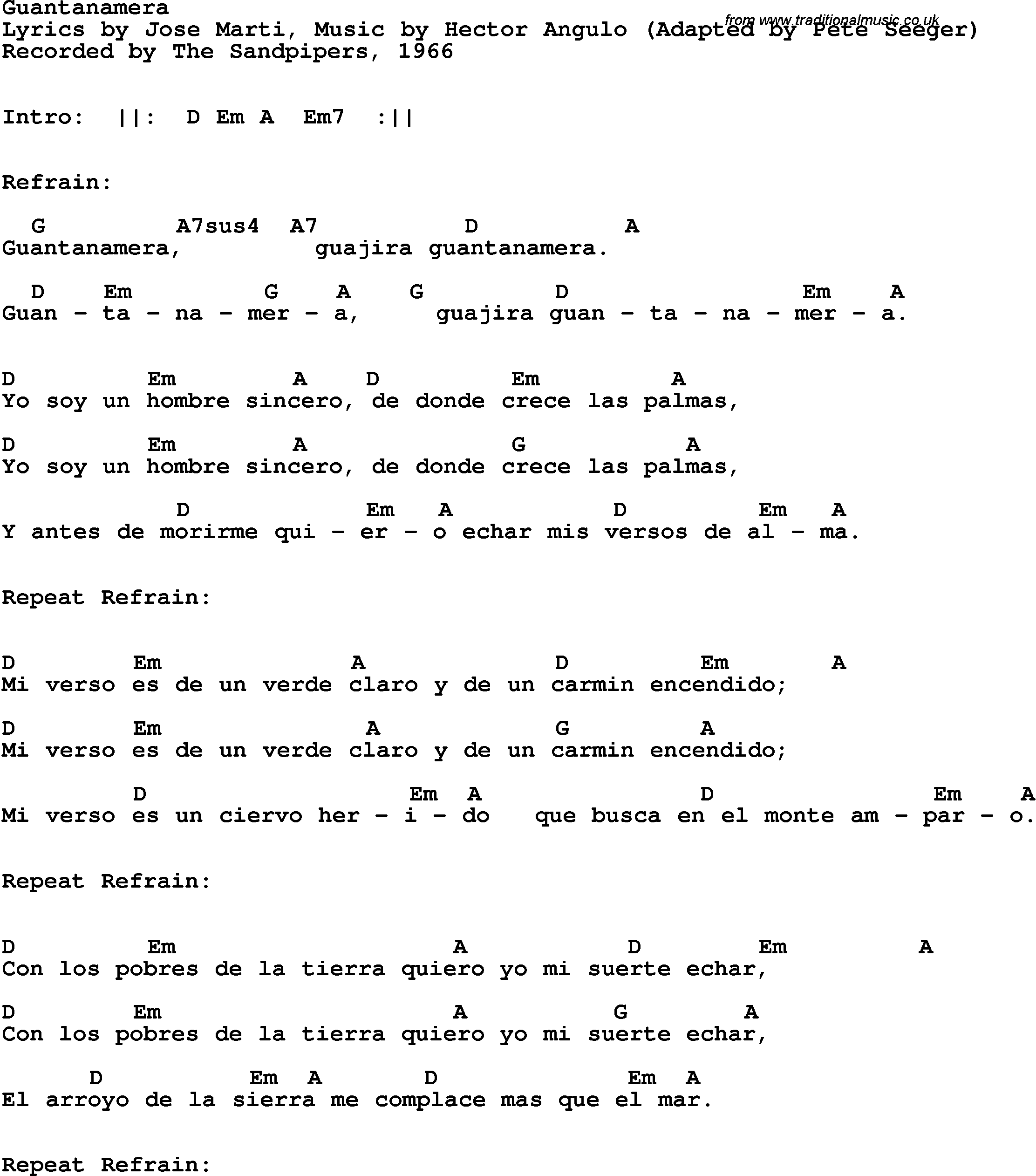 Song Lyrics with guitar chords for Guantanamera - The Sandpipers, 1966