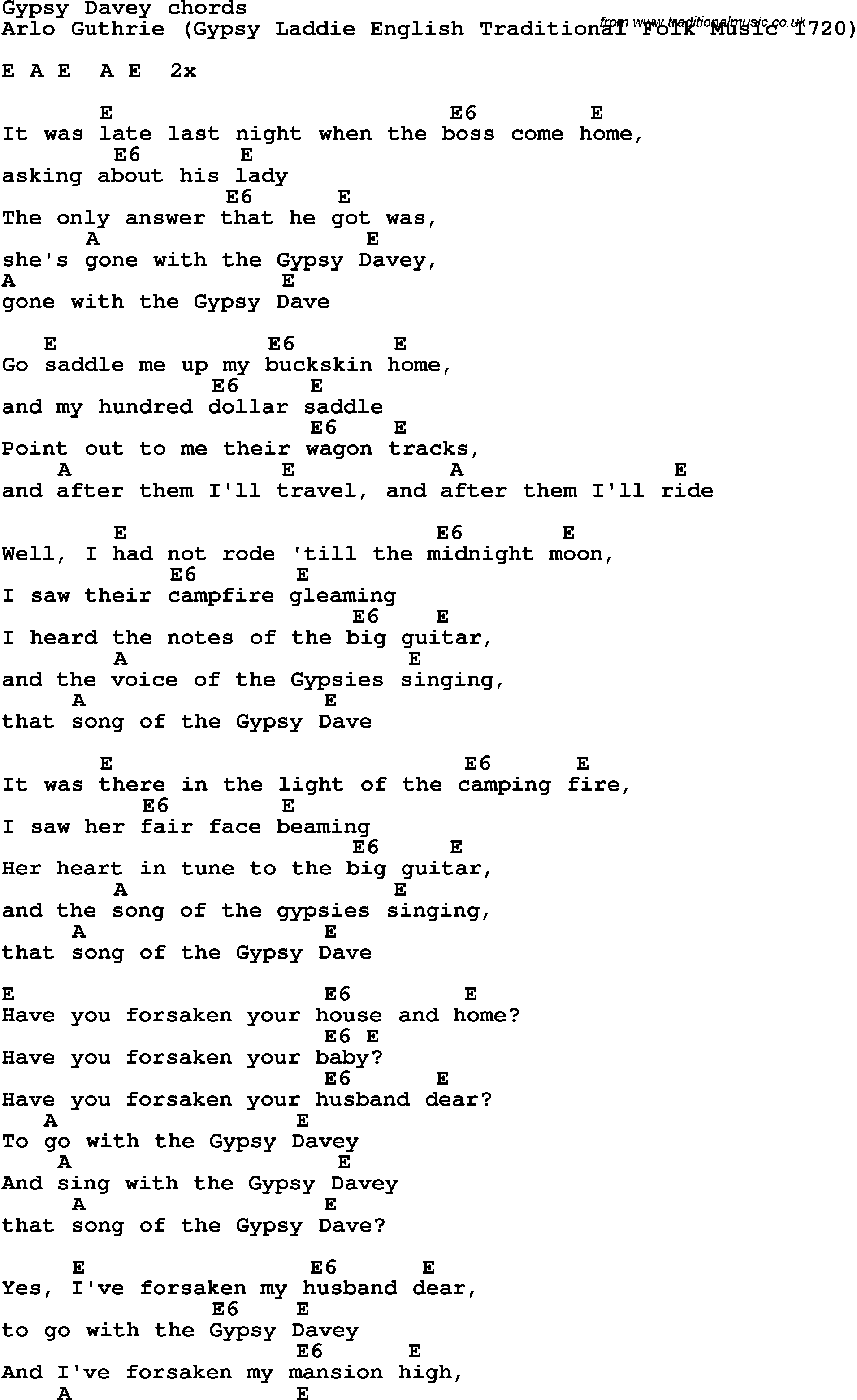 Song Lyrics with guitar chords for Gypsy Davey
